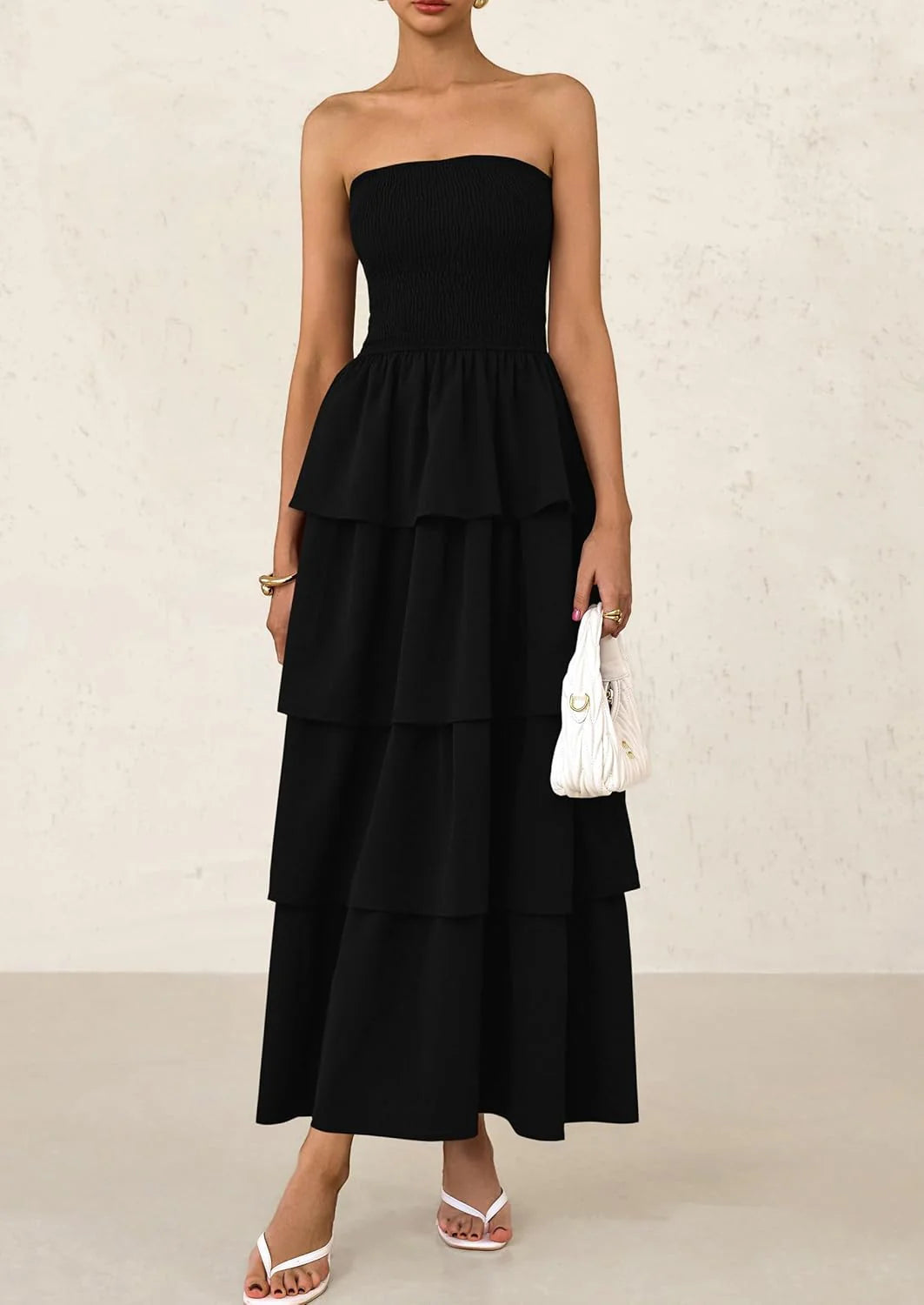 Maxi Dresses for Women Off Shoulder Smocked Tiered Ruffle Long Flowy Wedding Guest Dress