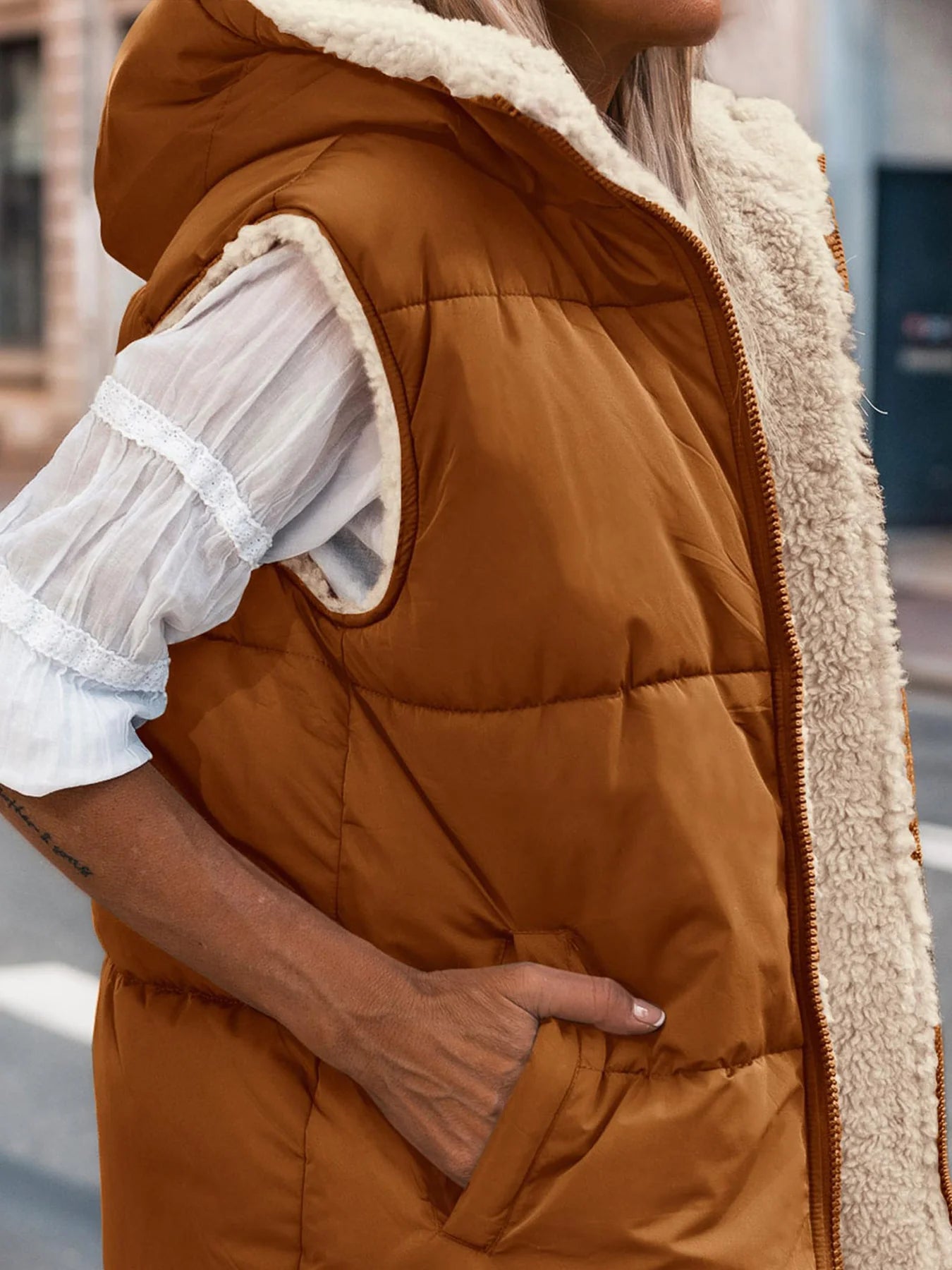 Womens Fall Reversible Vests Sleeveless Fleece Jacket Zip Up Hoodie Pockets Long Warm Winter Coat Outerwear
