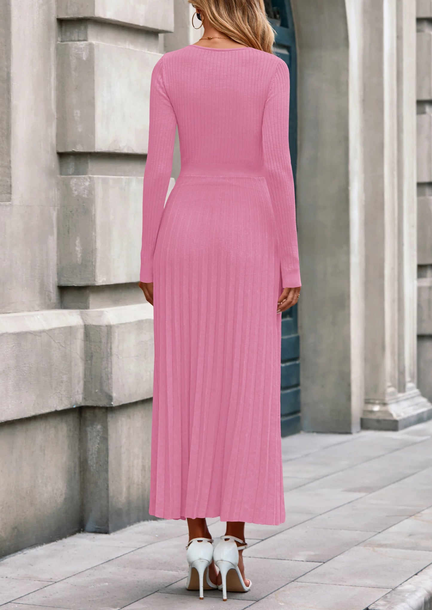 Women Sweater Dress Fall Fashion Long Sleeve V Neck Ribbed Knit Pleated A Line Elegant Maxi Winter Dresses