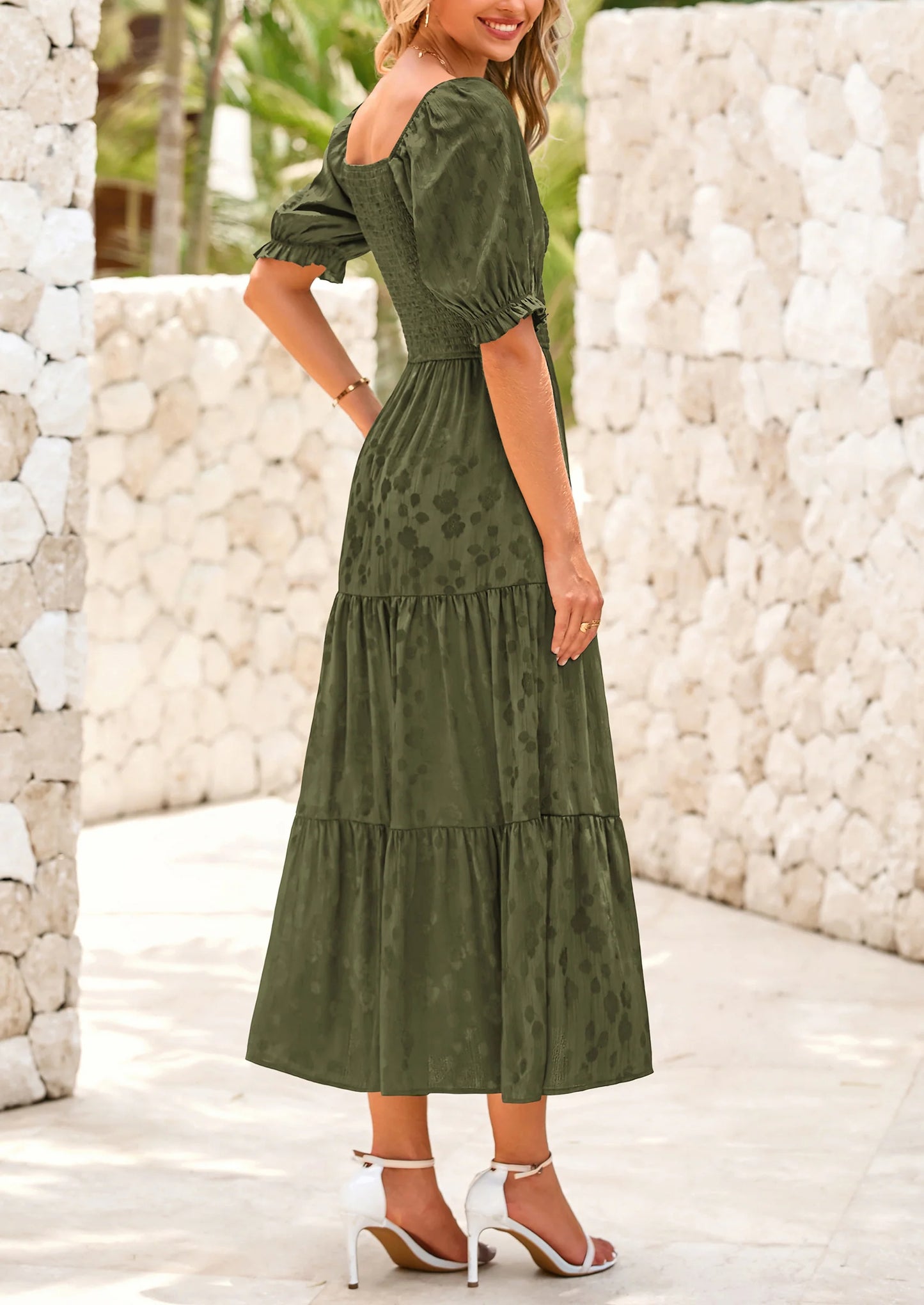 Women's Casual Midi Dresses Square Neck Short Sleeve Smocked A Line Floral Flowy Elegant Boho Dress
