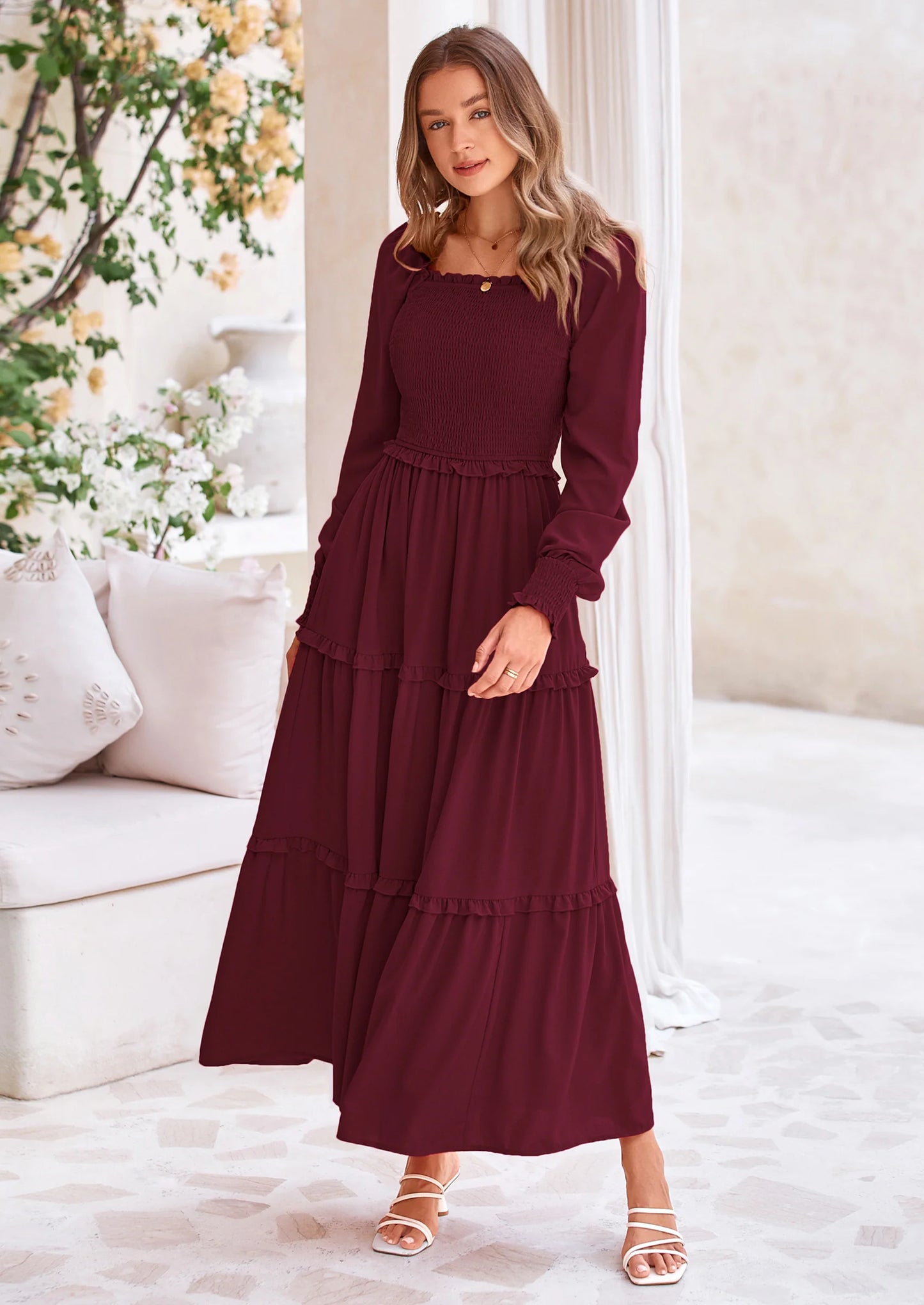 Fall Wedding Guest Dresses for Women Long Sleeve Square Neck Tiered A Line Modest Elegant Flowy Dresses