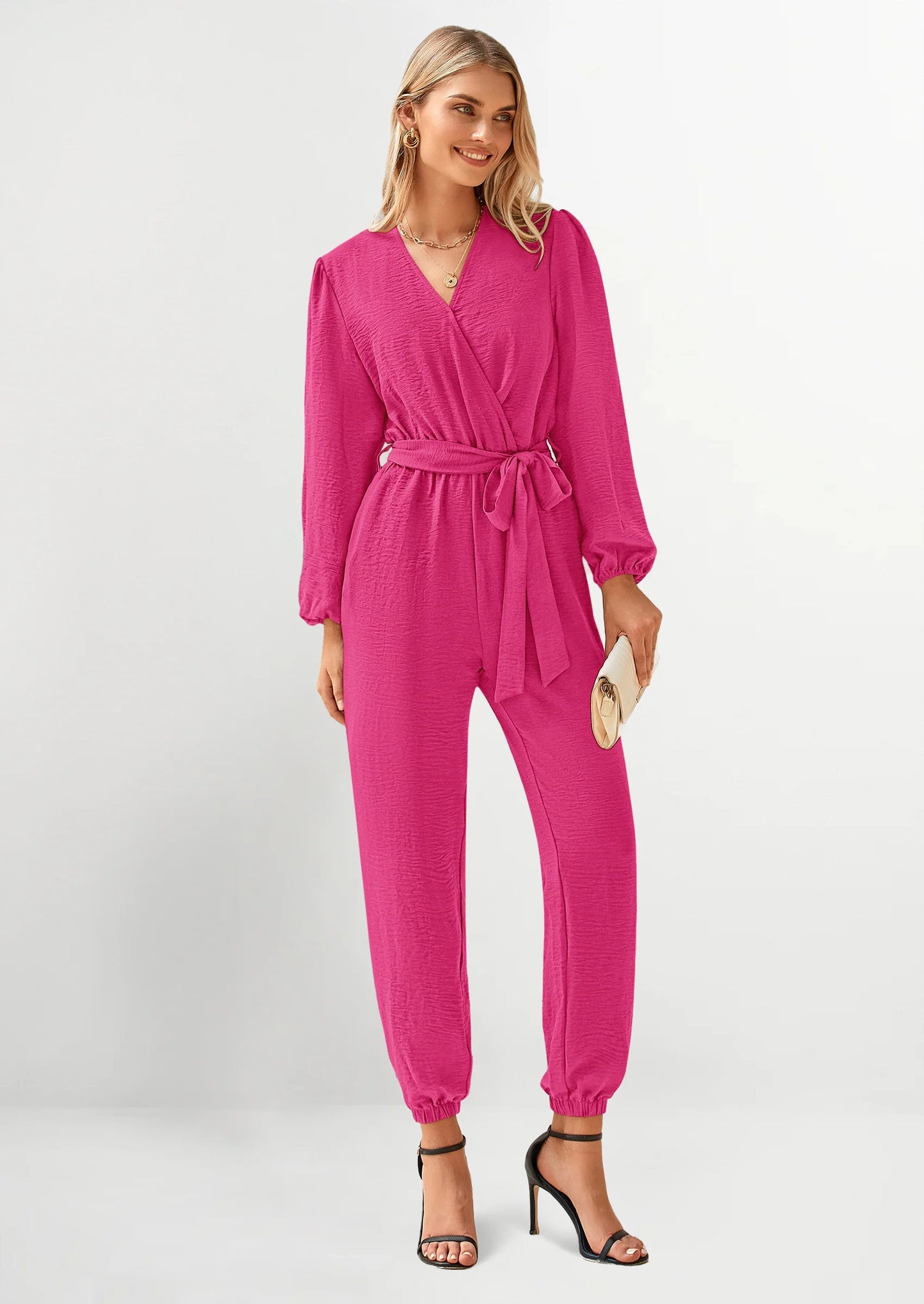 Women's Fall Jumpsuits Dressy Casual Pants Romper Spring Long Sleeve V Neck Belt Pockets One Piece Outfits