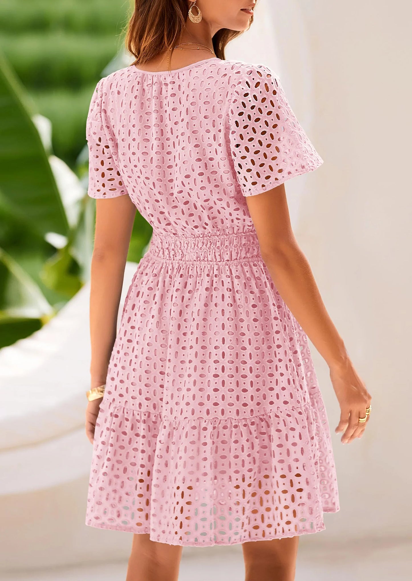 Women Summer Short Dress V Neck Short Sleeve A Line Hollow Out Lace Ruffle Cute Casual Beach Party Dresses