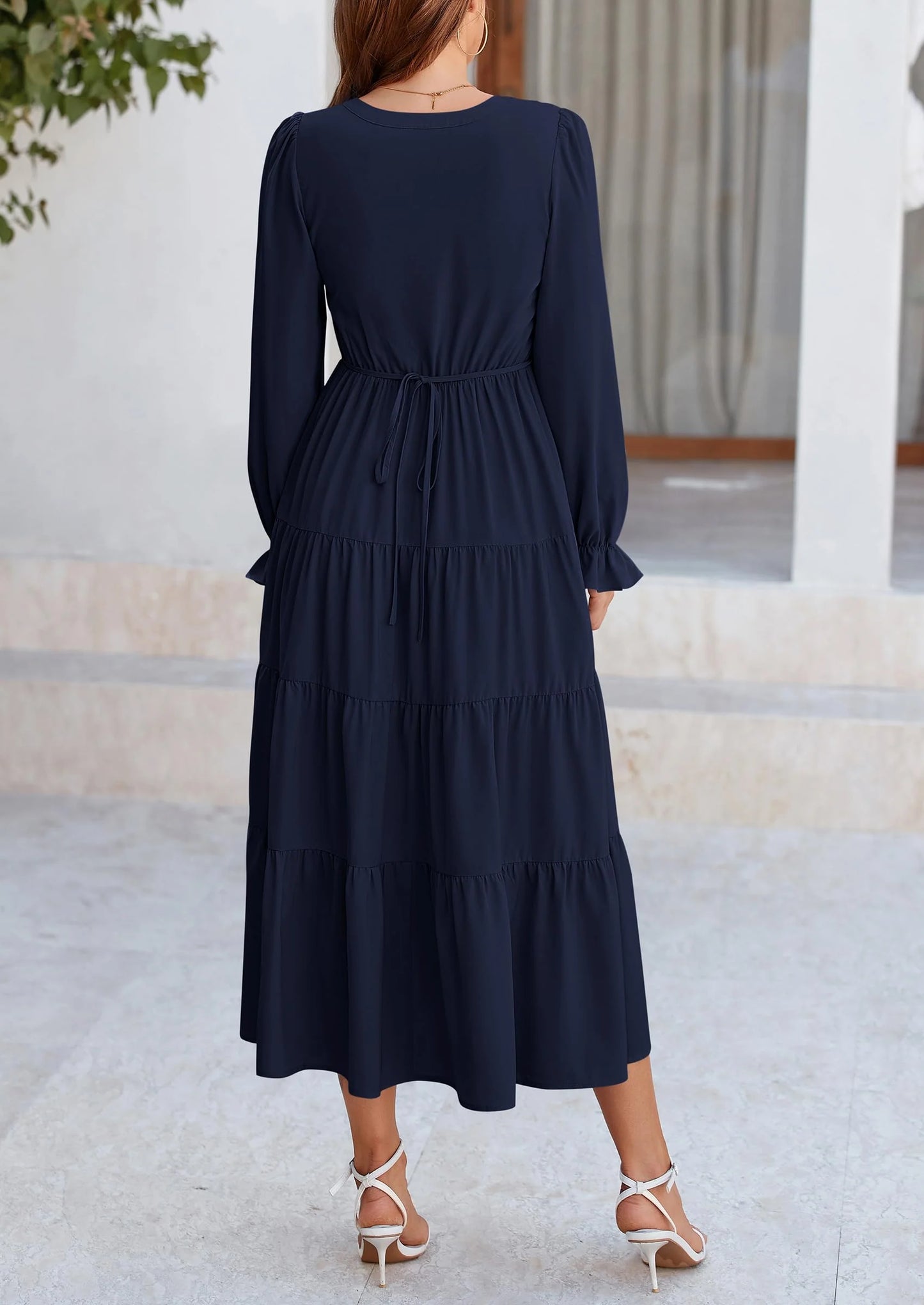 Women Fall Long Sleeve Smocked Maxi Dress Casual Square Neck Swiss Dot Tiered Ruffle Flowy Spring Pocket Dresses