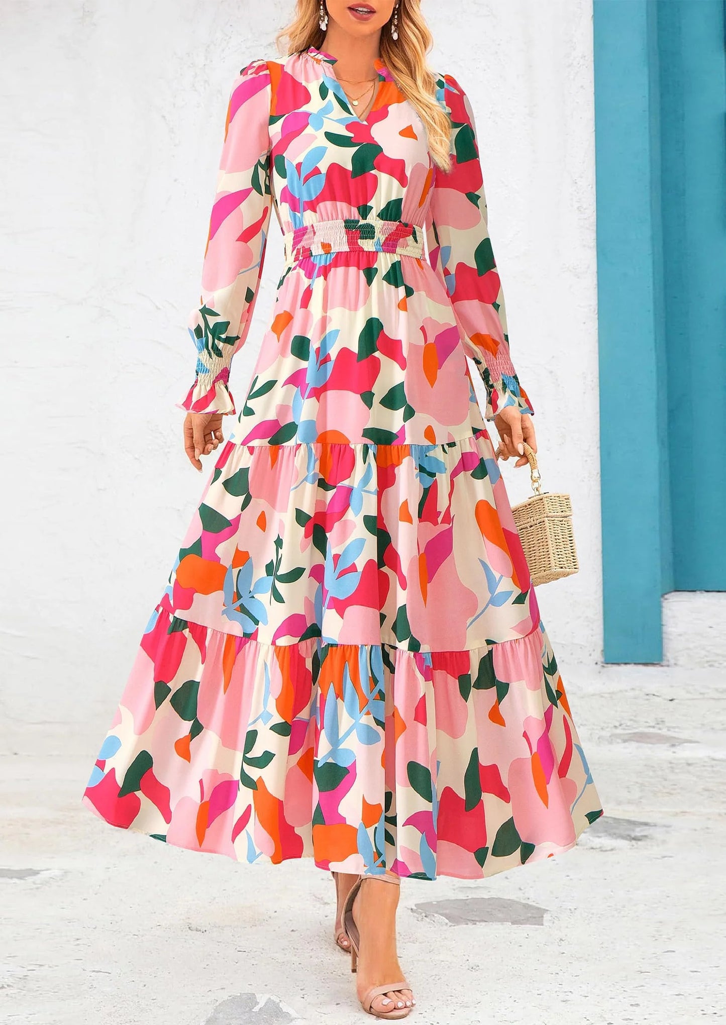 Women's Floral Maxi Dress Spring Long Sleeve V Neck Casual A Line Long Flowy Boho Party Dresses
