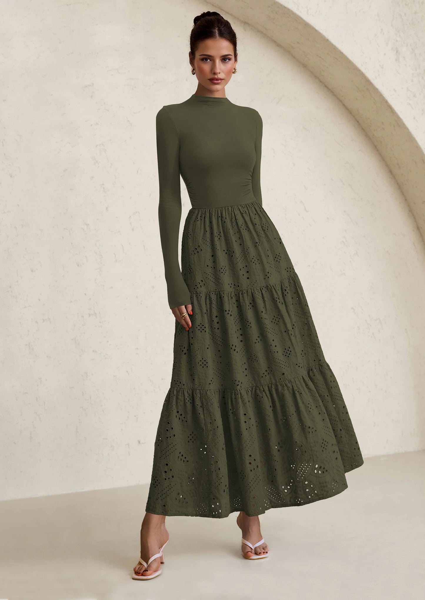 Long Sleeve Dress for Women Fall Eyelet Mock Neck A Line Elegant Classy Maxi Wedding Guest Dresses Pockets