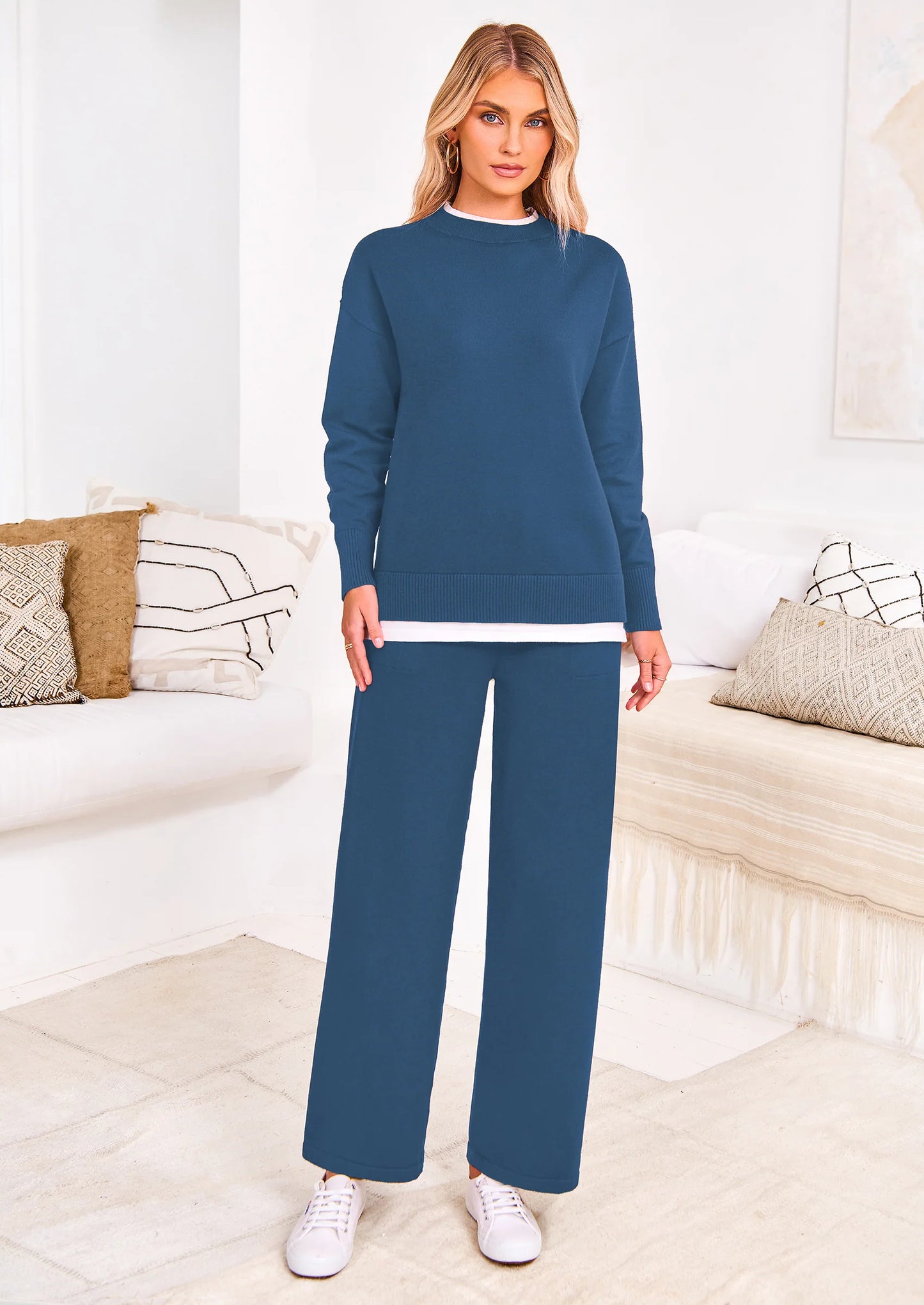 Two Piece Matching Sweater Lounge Sets Knit Long Sleeve Pullover Tops Wide Leg Pants