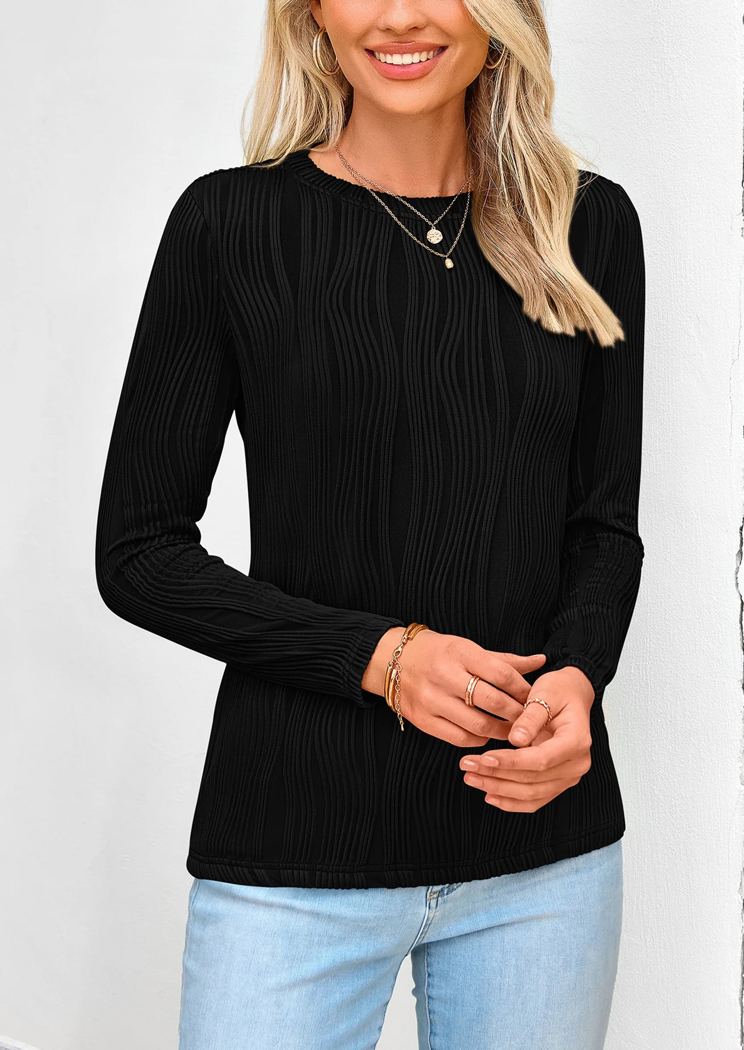 Long Sleeve Tops for Women Spring Fall Trendy Business Dressy Casual Shirts Crewneck Textured Blouse