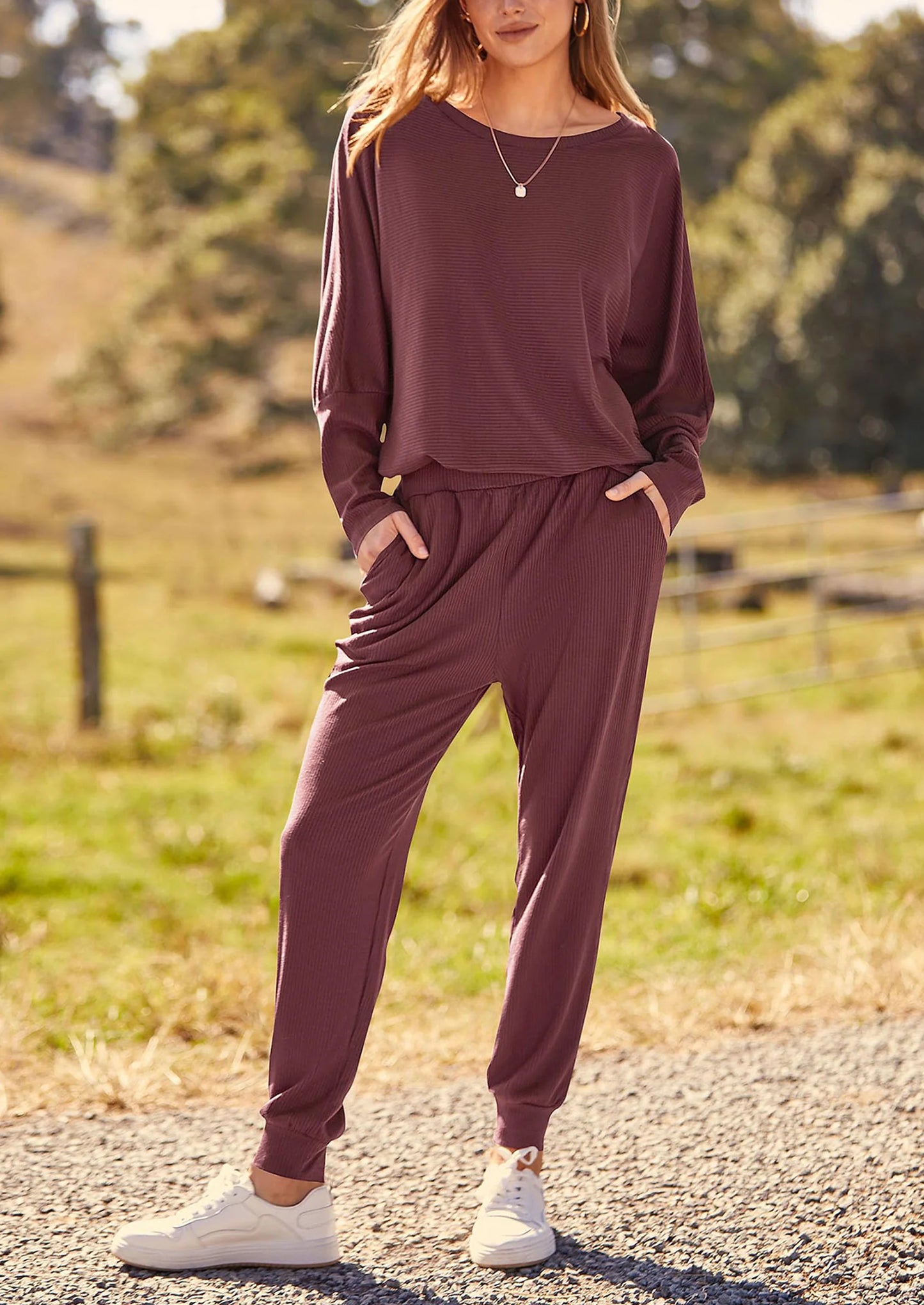 Women's Fall 2 Piece Lounge Set Long Sleeve Tops Ribbed Pants Spring Matching Sweatsuit Travel Outfits Clothes