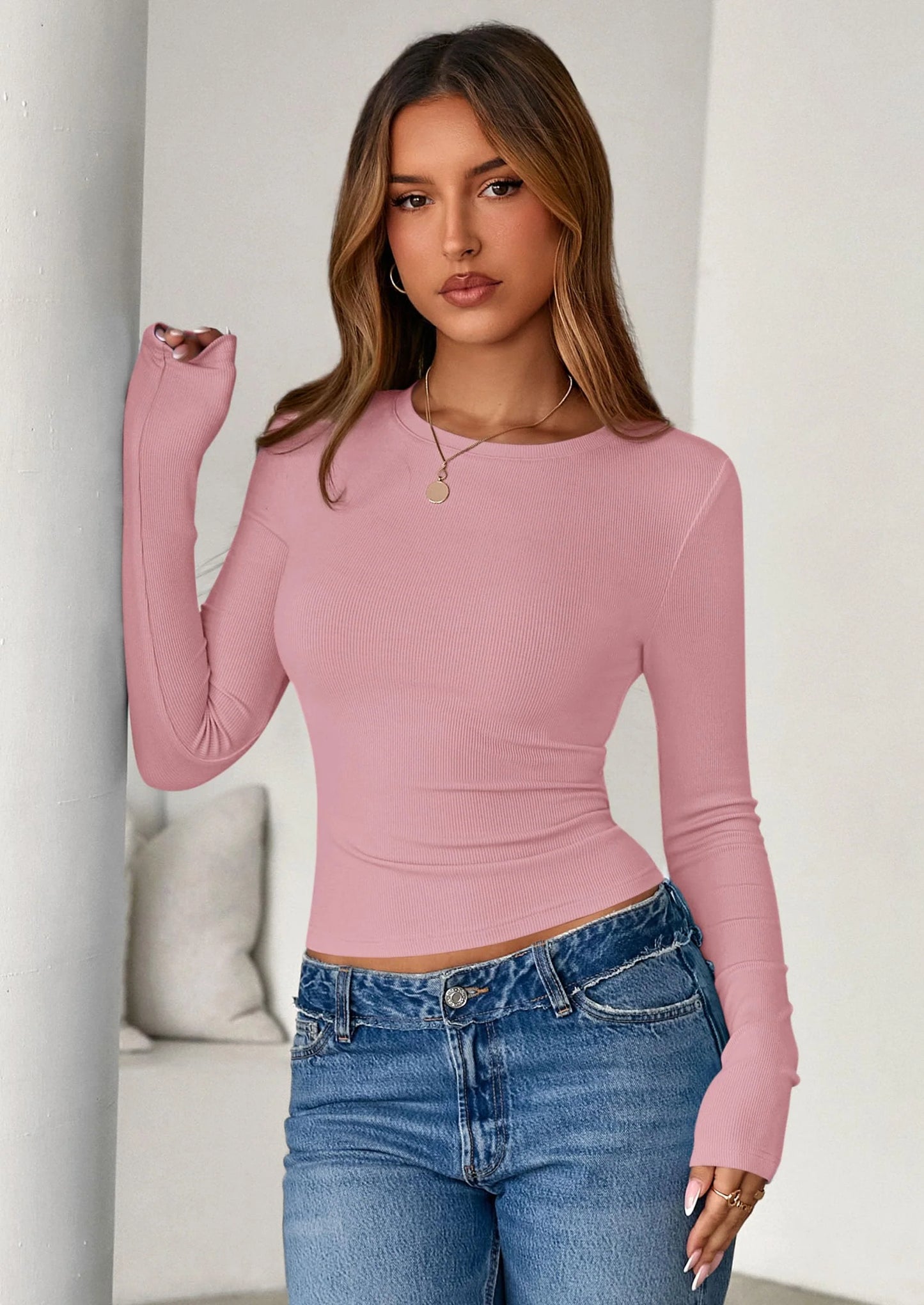 Womens Summer Fall Long Sleeve Shirts Ribbed Knit Fitted Basic Tee Going Out Tops Underscrub Casual Outfits