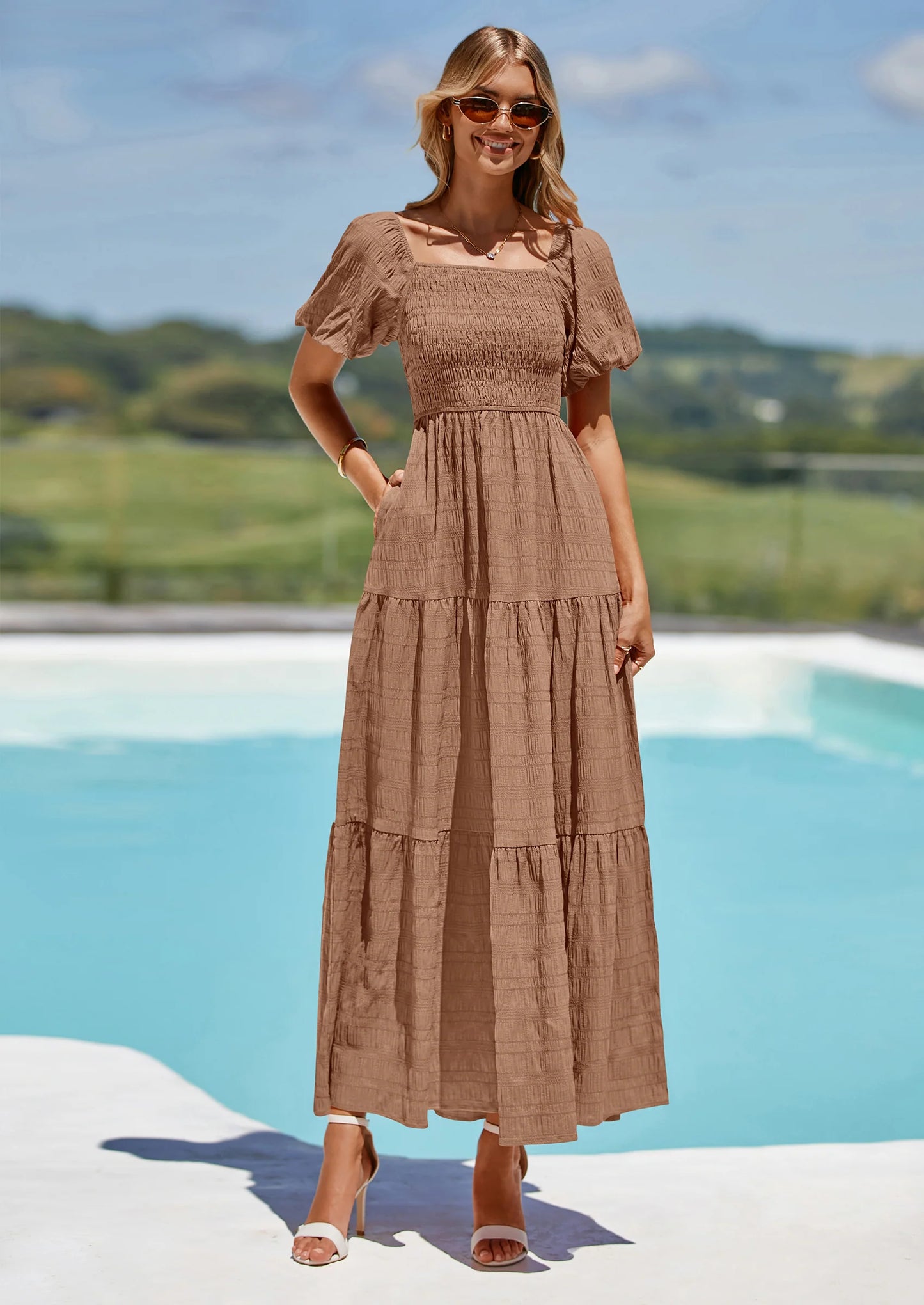 Womens Summer Puff Short Sleeve Maxi Dress Square Neck Smocked Tiered Ruffle A Line Long Flowy Beach Dresses