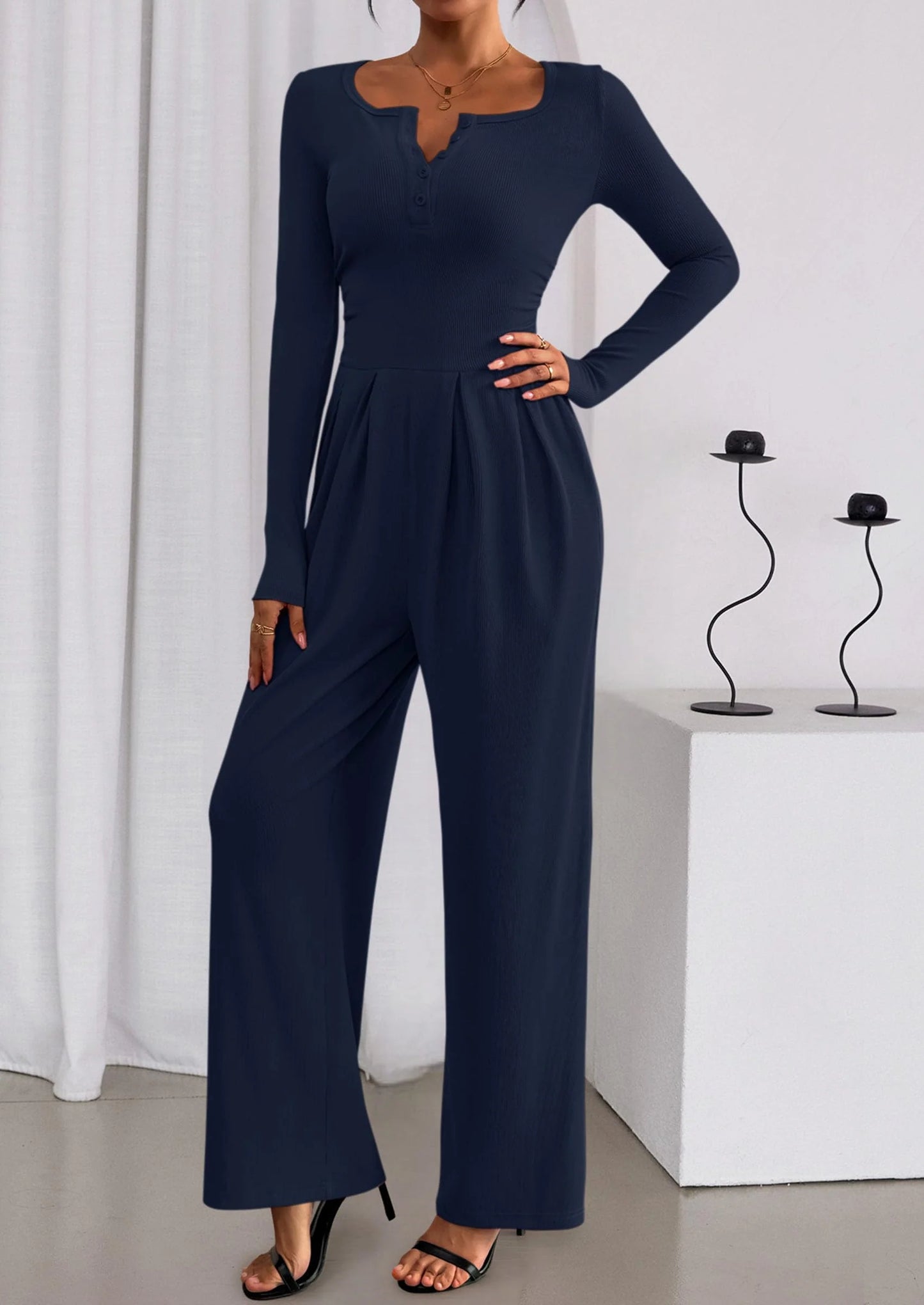 Jumpsuits for Women Dressy Casual Fall One Piece Outfits Long Sleeve Crew Neck Wide Leg Pants Rompers