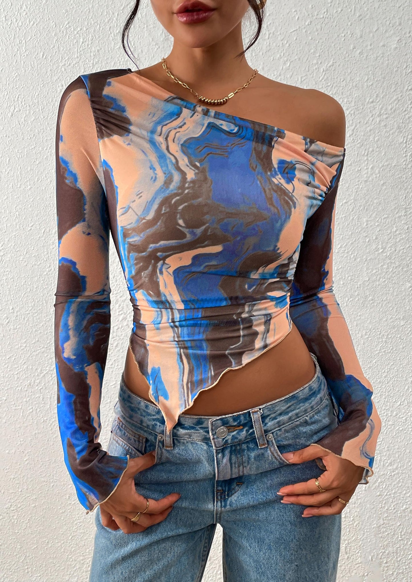 Womens Fall Trendy Off Shoulder Tops Tie Dye Mesh Long Sleeve Shirts Asymmetrical Ruched Floral Blouse