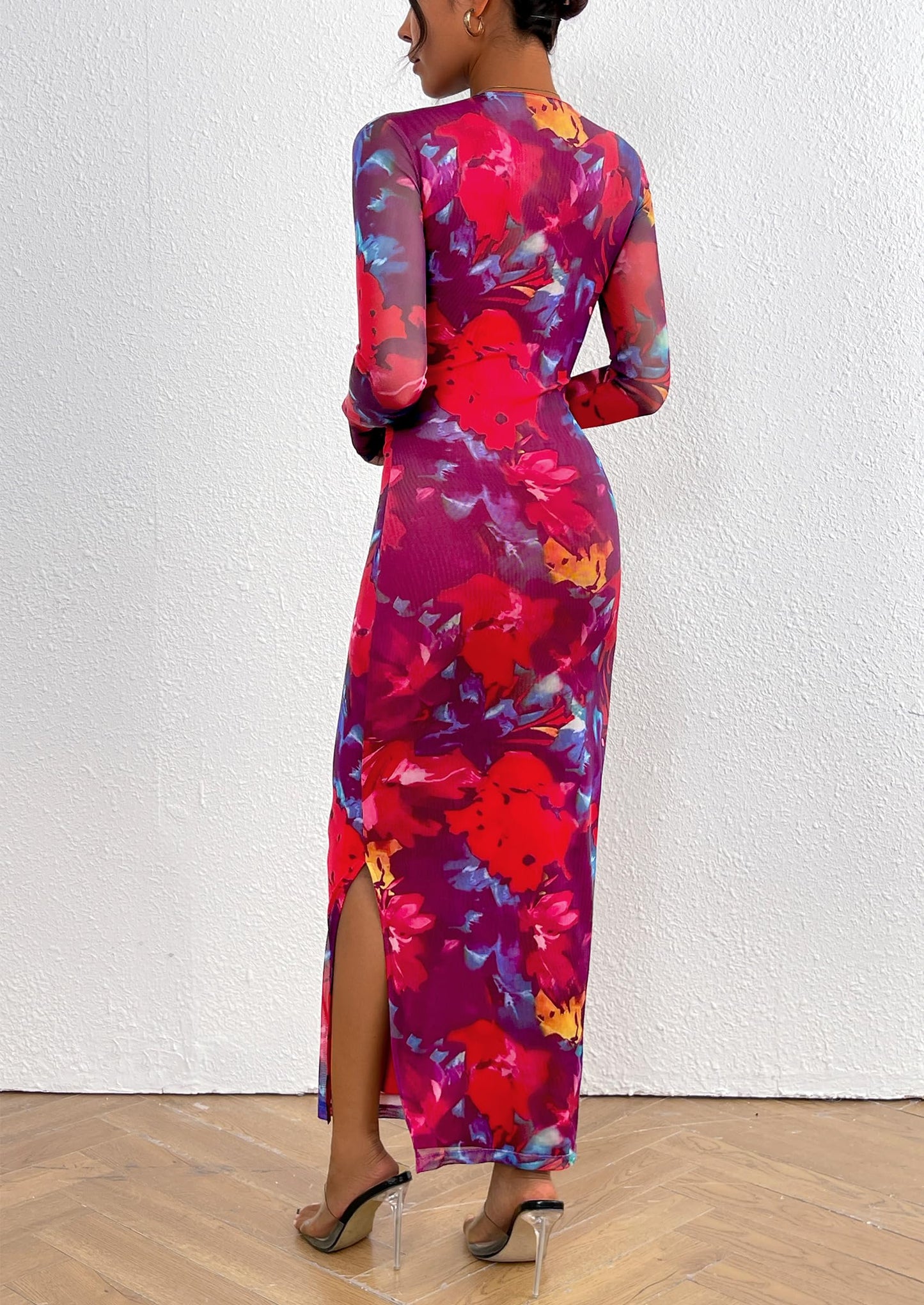 Women's Bodycon Maxi Dress Fall Spring Fashion Long Sleeve Floral Print Tight Fitted Party Club Ruched Dresses