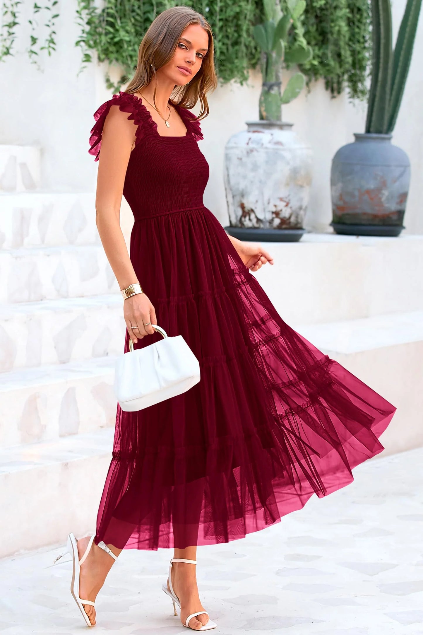 Women's Tulle Midi Dress Sleeveless Smocked Ruffle Mesh Flowy Dresses Party Wedding Guest Sundress