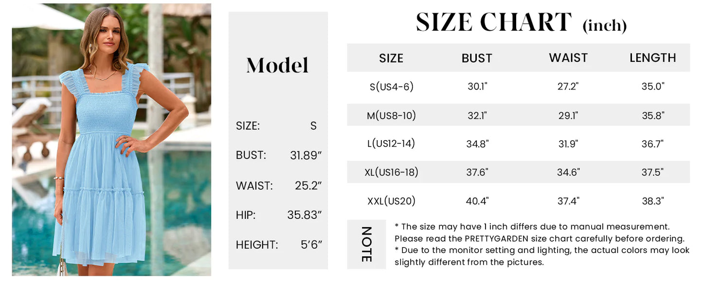 Womens Trendy Mini Summer Dresses Sleeveless Tulle Ruffle Square Neck Tiered Smocked Beach Vacation Dress