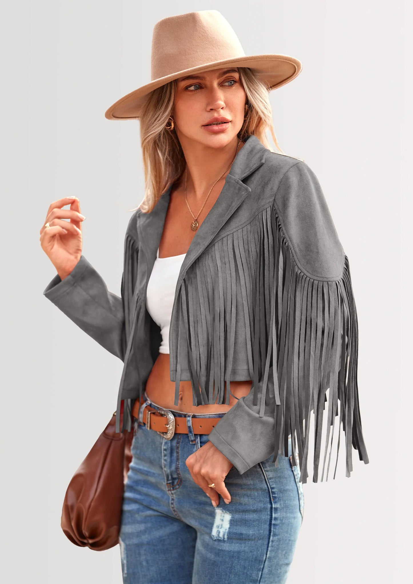 Women's Fringe Faux Suede Leather Jackets Fashion Tassel Motorcycle Cropped Coats