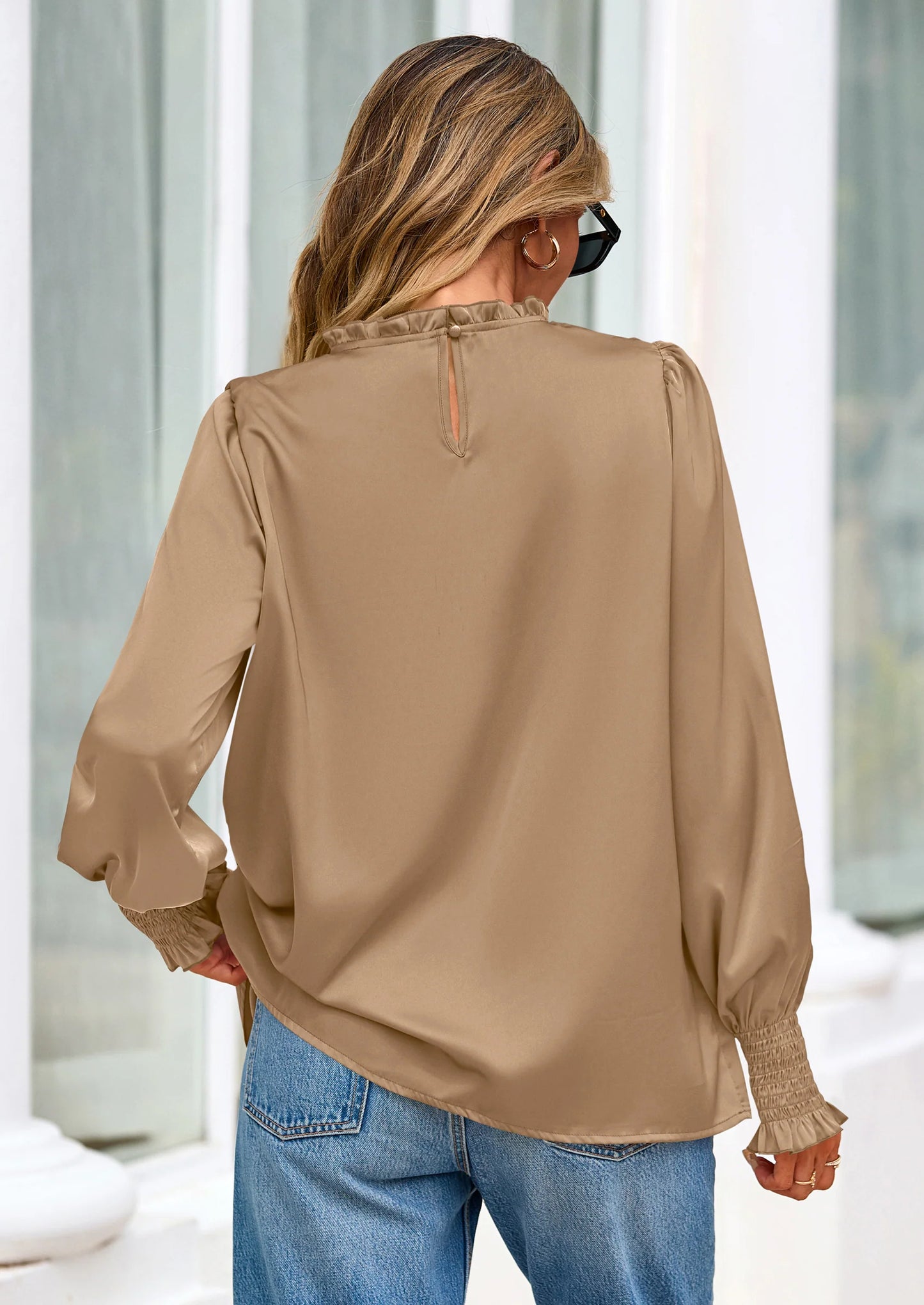 Blouses for Women Dressy Casual Fall Outfits Frill Neck Long Sleeve Shirts Satin Work Business Casual Tops