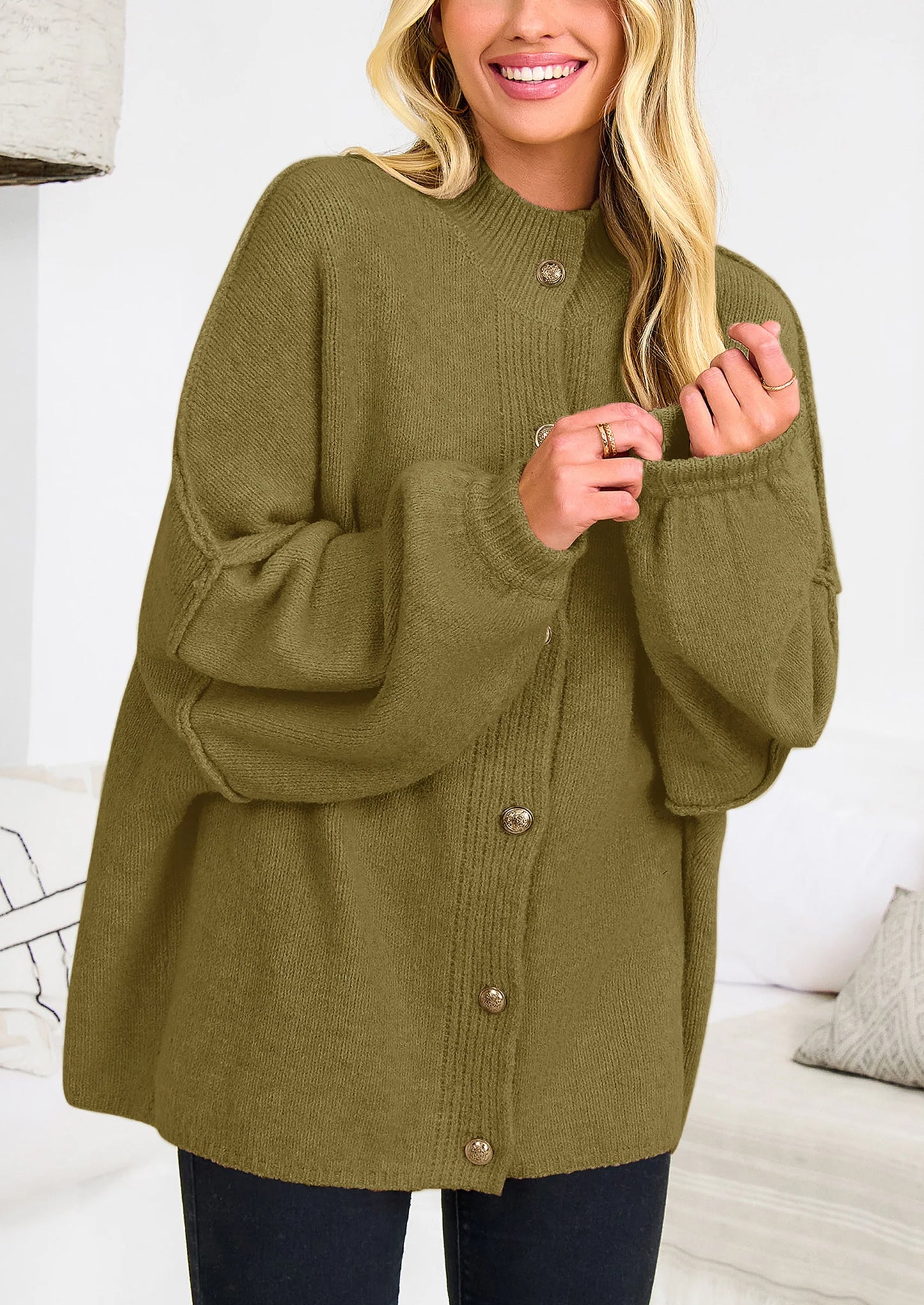 Women's Winter Button Down Cardigan Sweaters Mock Neck Lantern Long Sleeve Chunky Knit Jacket Trendy Outerwear