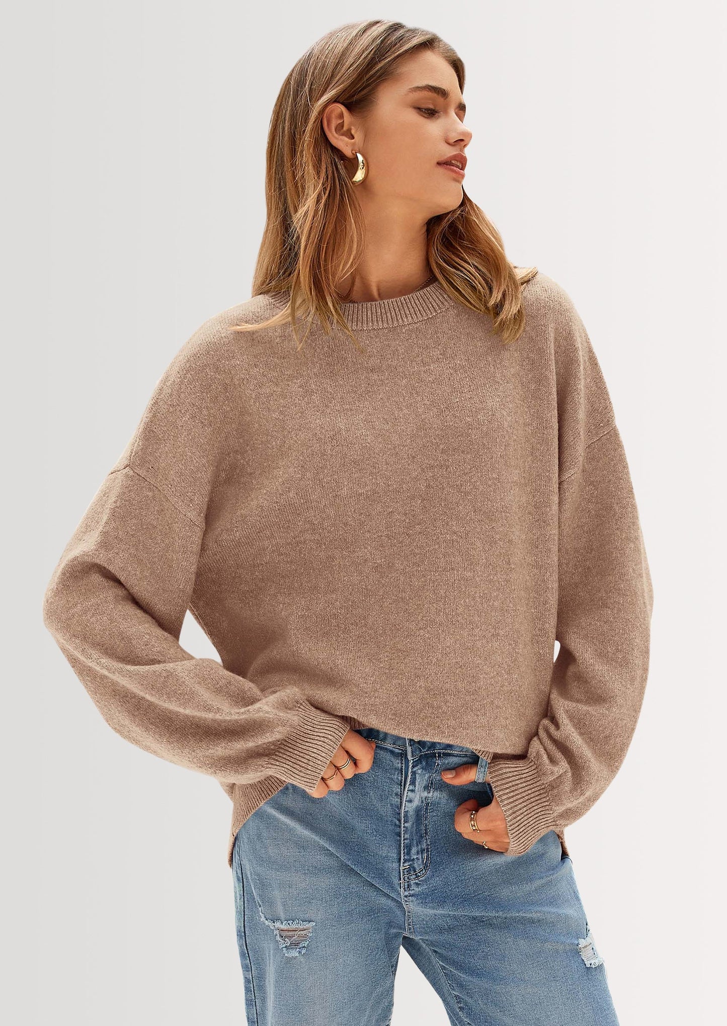 Women's Fall Sweaters Casual Crew Neck Long Sleeve Pullover Tops Ribbed Knit Loose Fit Winter Clothes