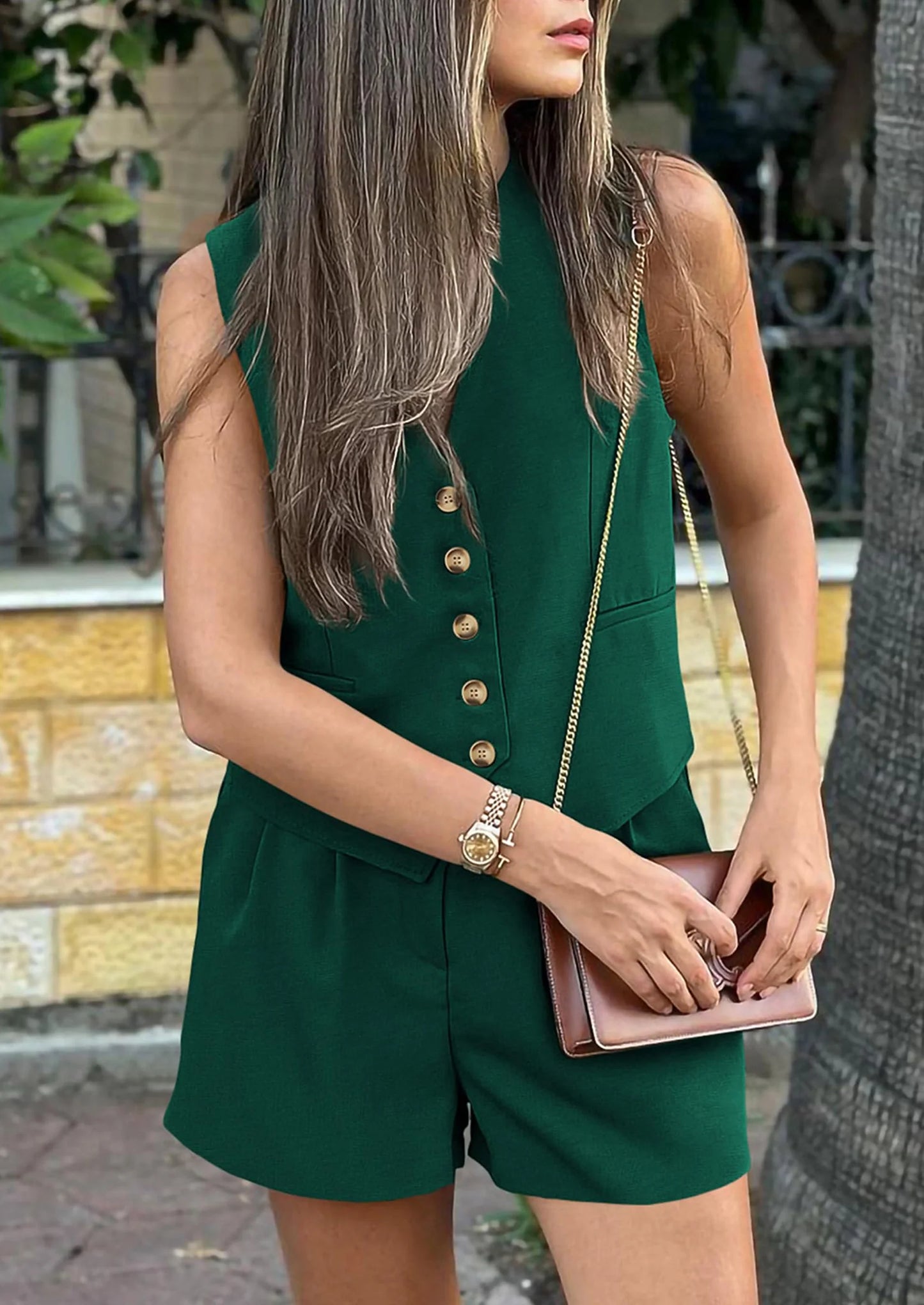 Women's Summer 2 Piece Outfits Sleeveless Matching Sets Button Down V Neck Vest Waistcoat and Pockets Shorts