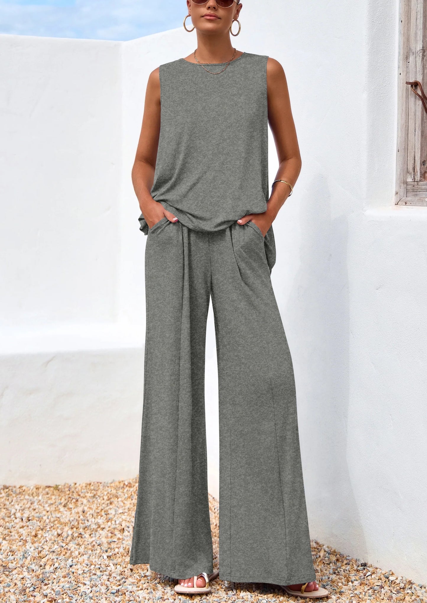 Women's Two Piece Matching Lounge Sets Asymmetrical Split Tank Tops Wide Leg Pants Summer Outfits Tracksuit
