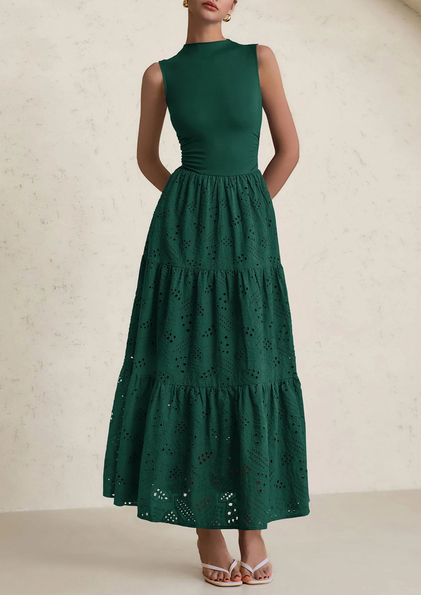 Dresses for Women Casual Eyelet Sleeveless Wedding Guest Maxi Dress Tank Top Sundress with Pockets