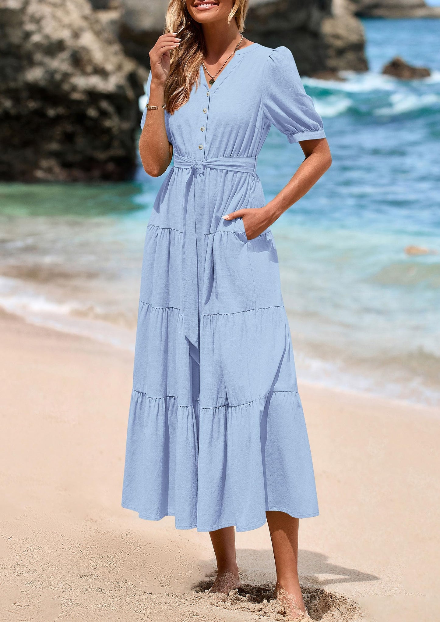 Women's Midi Dress Casual Short Sleeve V Neck Buttons Belted Ruffle A Line Flowy Dress with Pockets