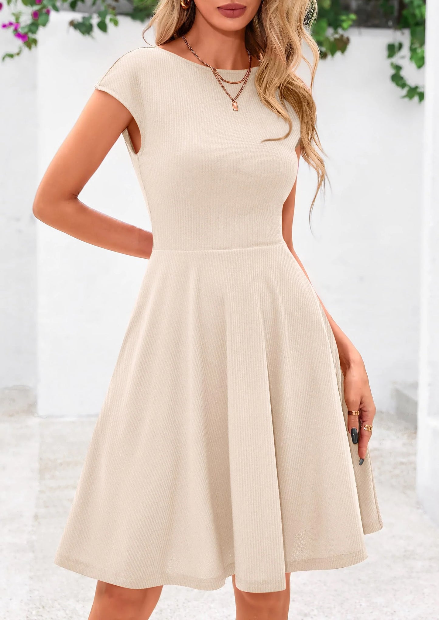 Womens Short Summer Dress Crewneck Cap Sleeve Ribbed Knit Casual Flowy A Line Mini Sundresses with Pockets
