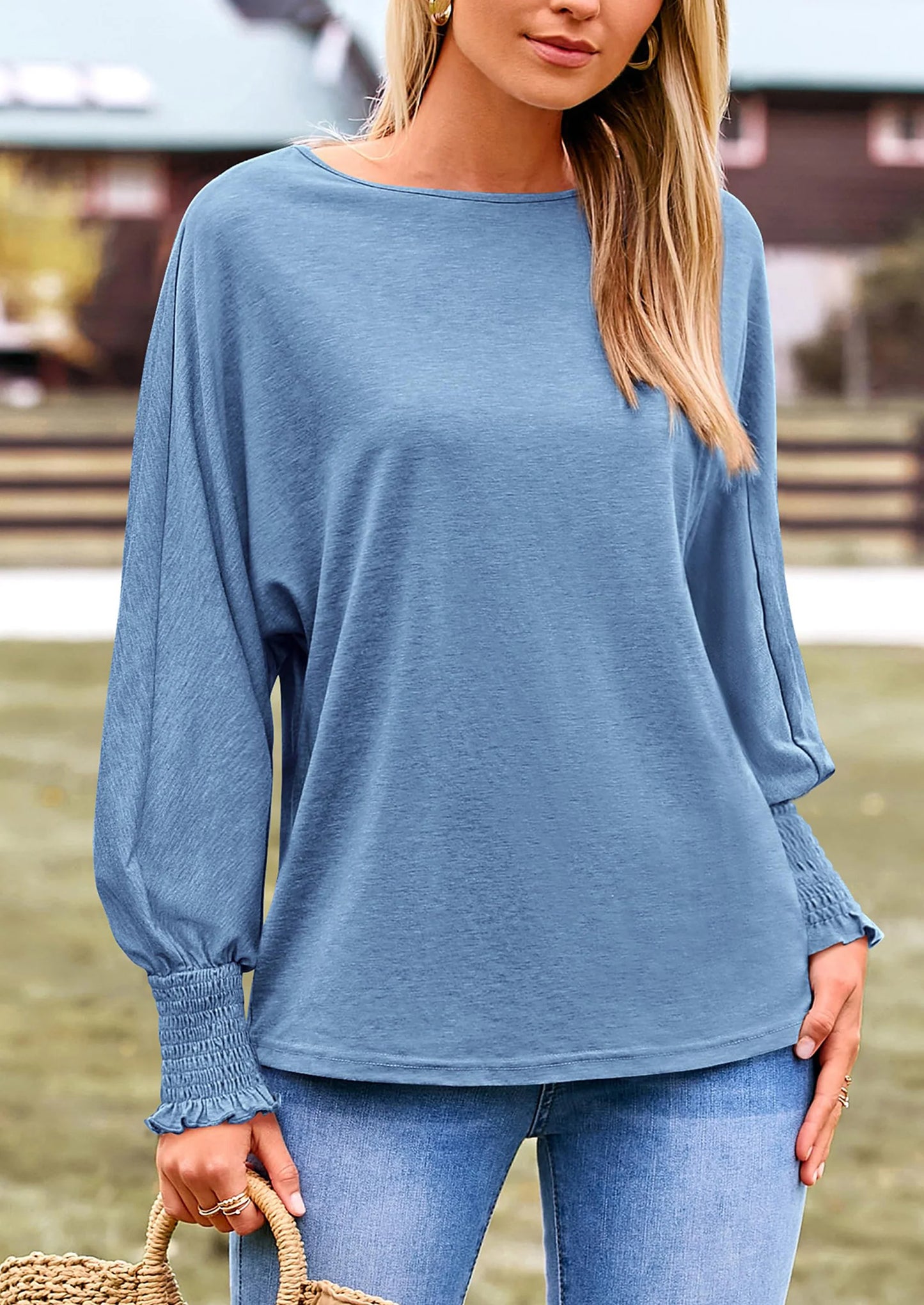 Women's Spring Fashion T Shirts Puff Long Sleeve Crewneck Casual Basic Tee Tops Blouses