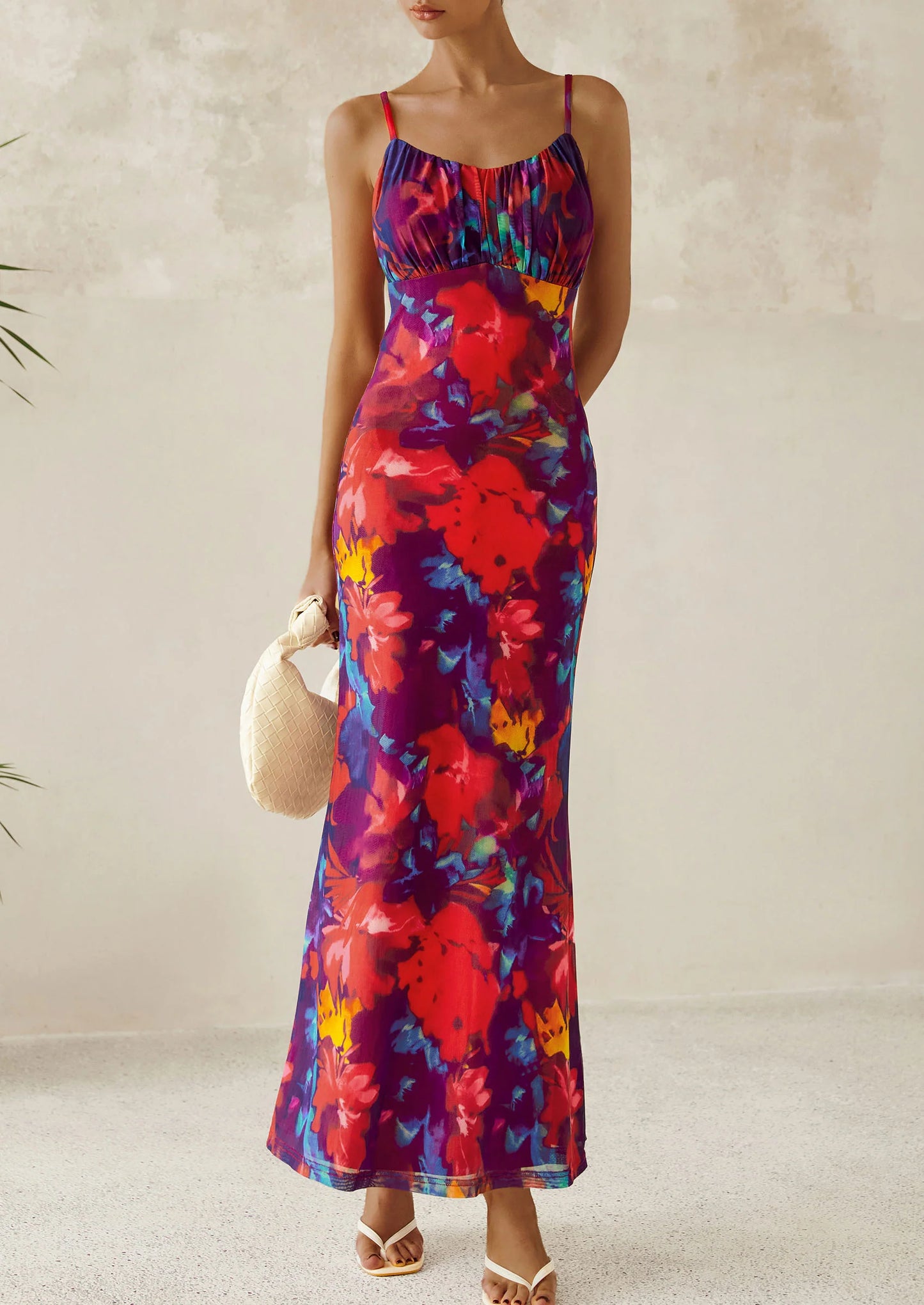 Women's Bodycon Maxi Dress Floral Sundress Sleeveless Spaghetti Strap Cocktail Party Dress