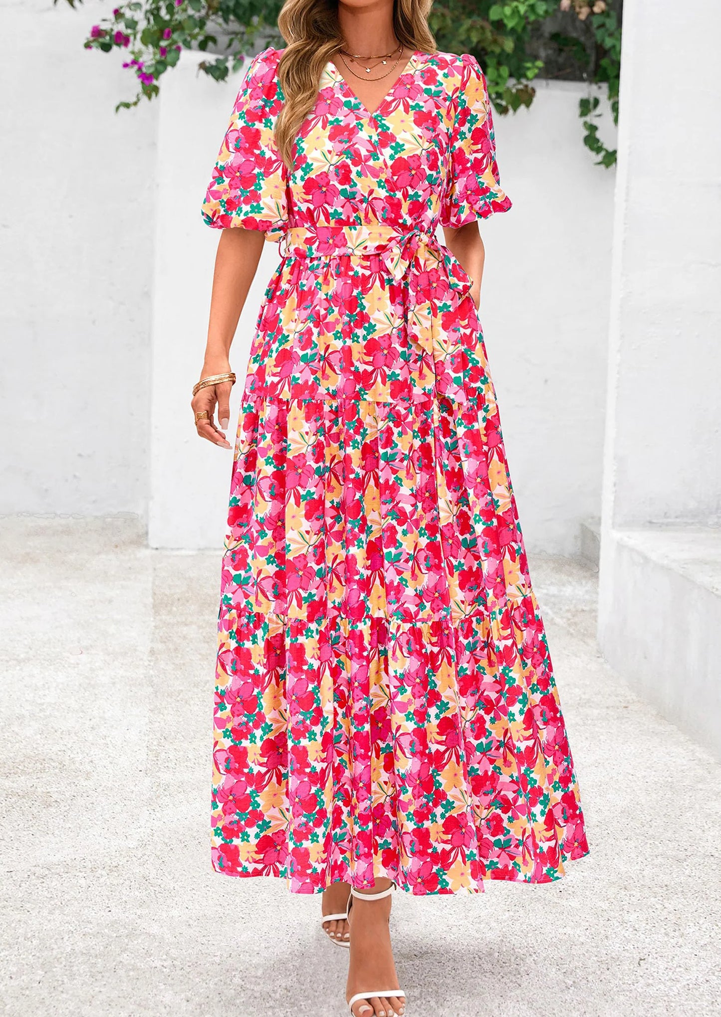 Women's Maxi Dress Resort Wear Boho Floral V Neck Puff Short Sleeve Ruffle Flowy Beach Long Dresses