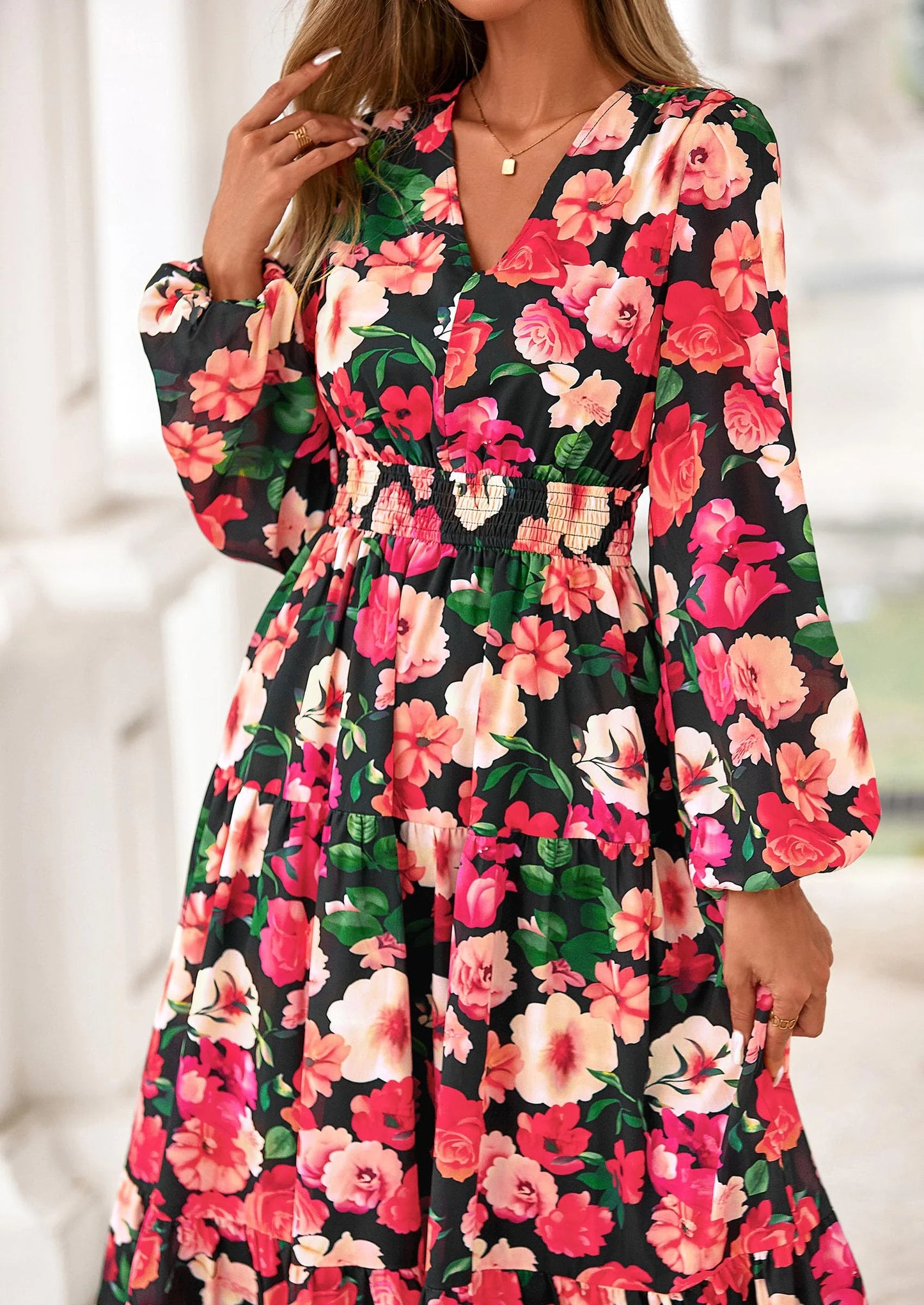 Long Sleeve Maxi Fall Dresses for Women Vneck Smocked Boho Floral Tiered Swing Flowy Wedding Guest Dress