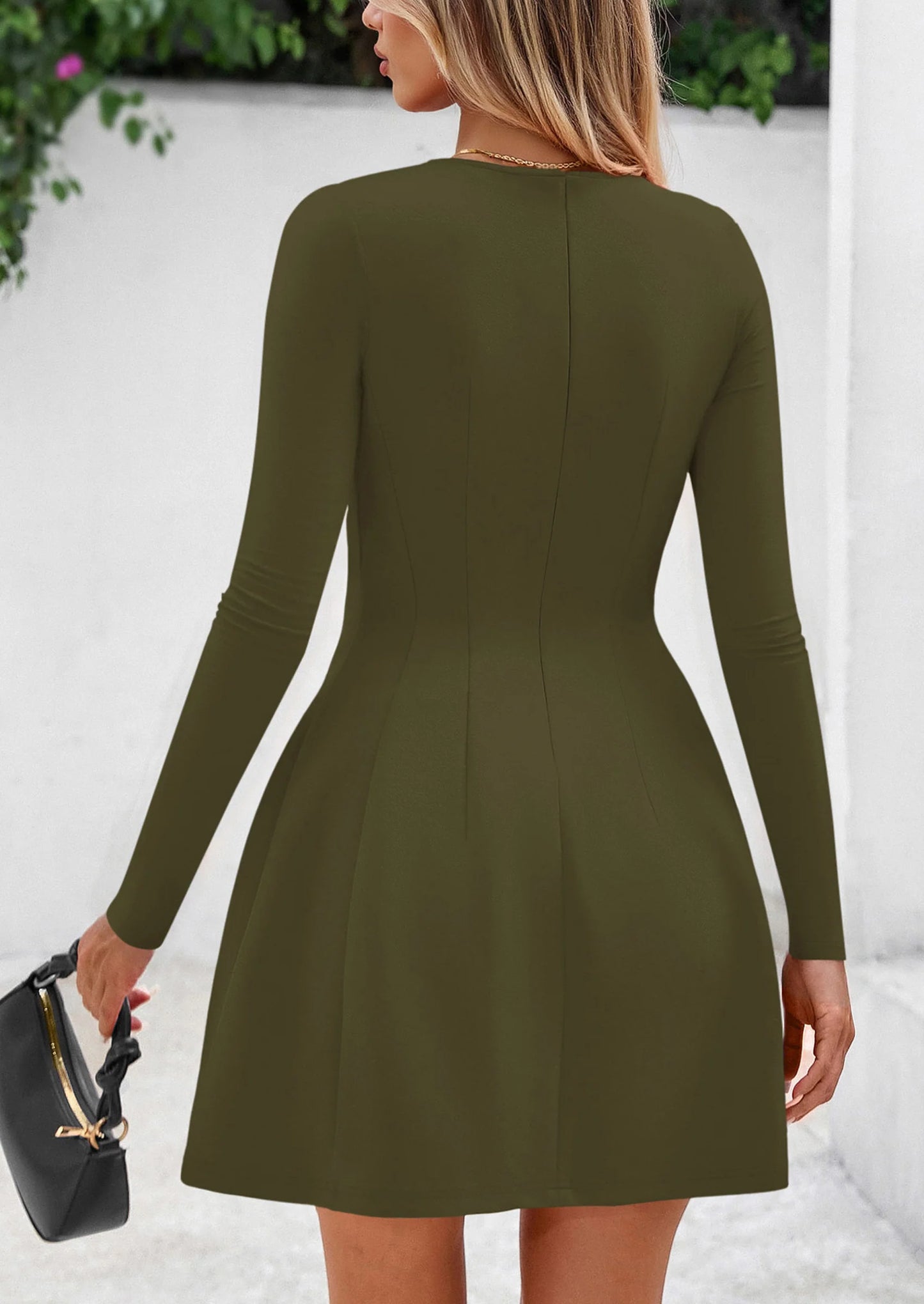 Long Sleeve Mini Dress for Women Fall Crewneck Knit Pleated Babydoll A Line Soft Casual Short Party Dresses