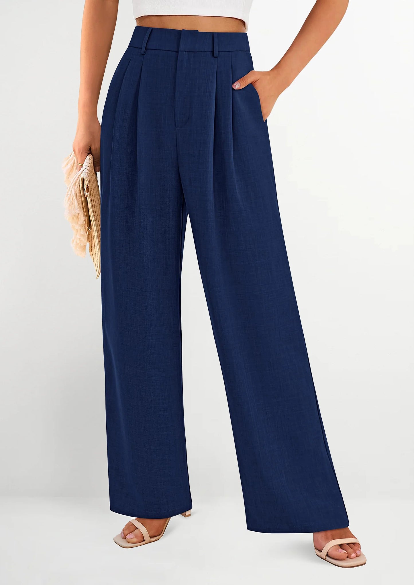 Women's Summer Elastic High Waisted Work Pants Straight Leg Dressy Business Casual Trousers Slacks Pockets