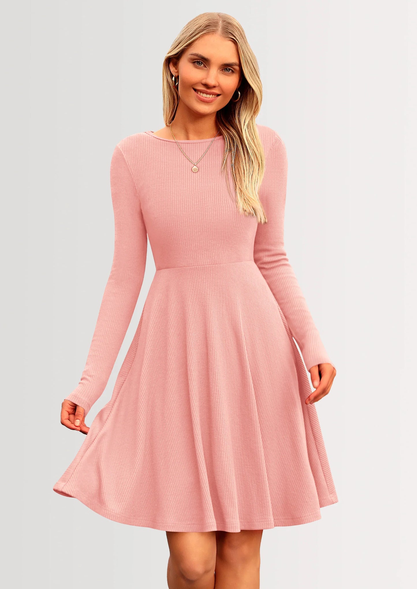 Women's Spring Fall Short Dress Ribbed Knit Crewneck Long Sleeve A Line Flowy Casual Elegant Going Out Dresses