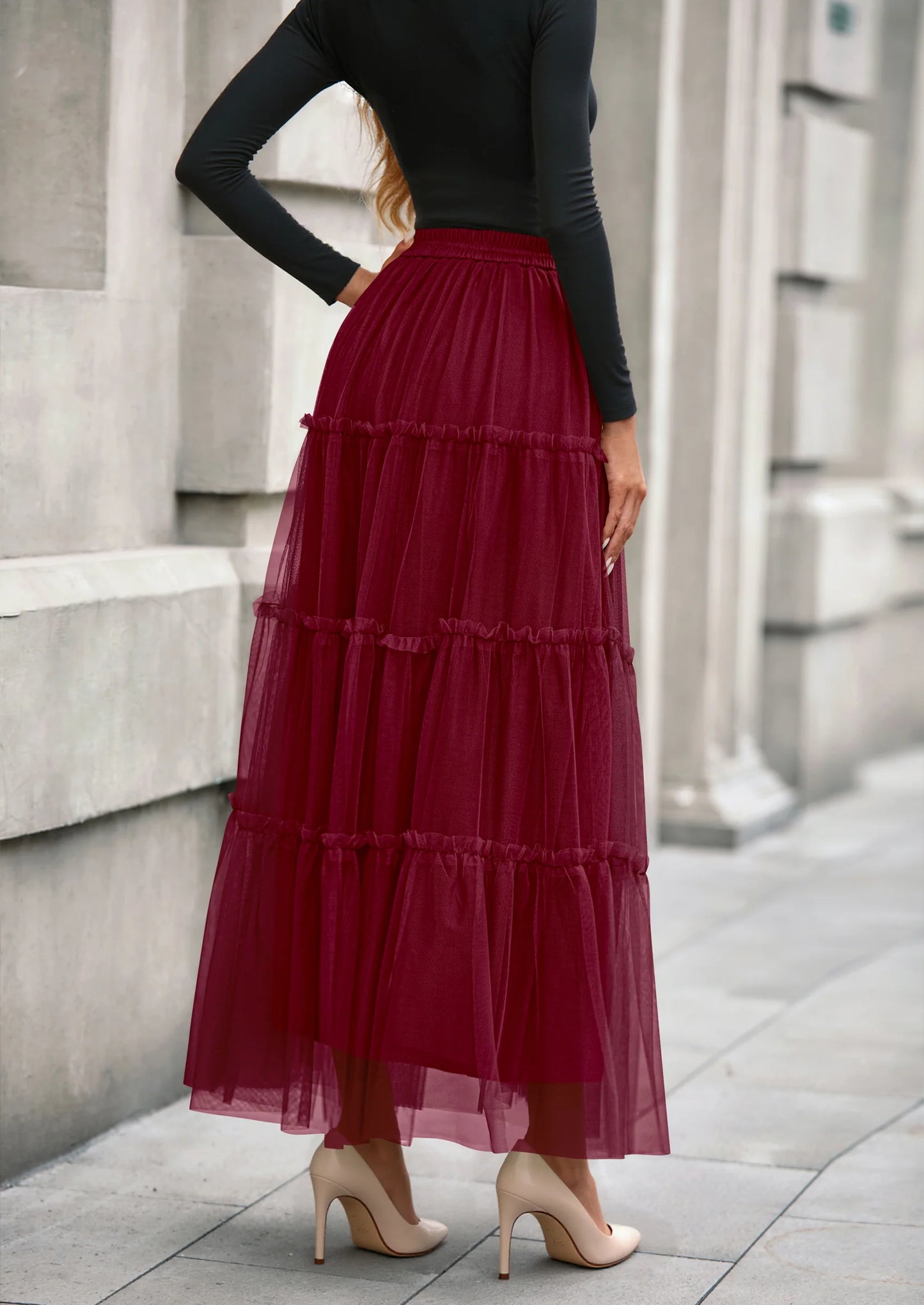 Maxi Skirts for Women Fall Tulle High Waisted Ruffle Flowy A-Line Long Skirt Country Concert Outfits