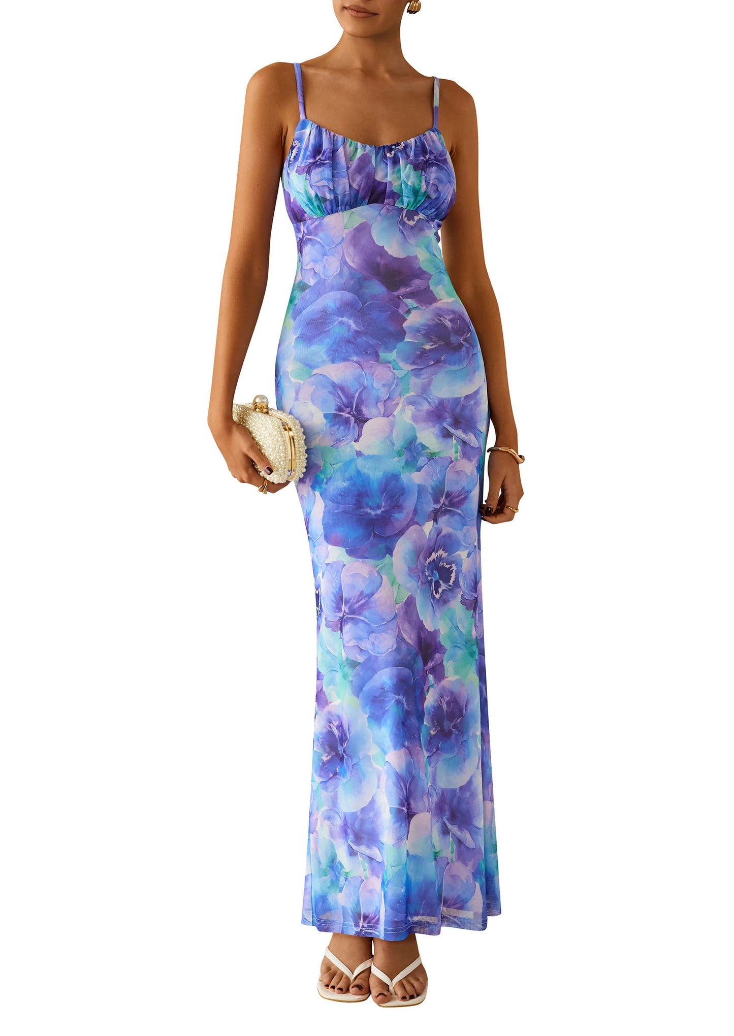 Women's Bodycon Maxi Dress Floral Sundress Sleeveless Spaghetti Strap Cocktail Party Dress