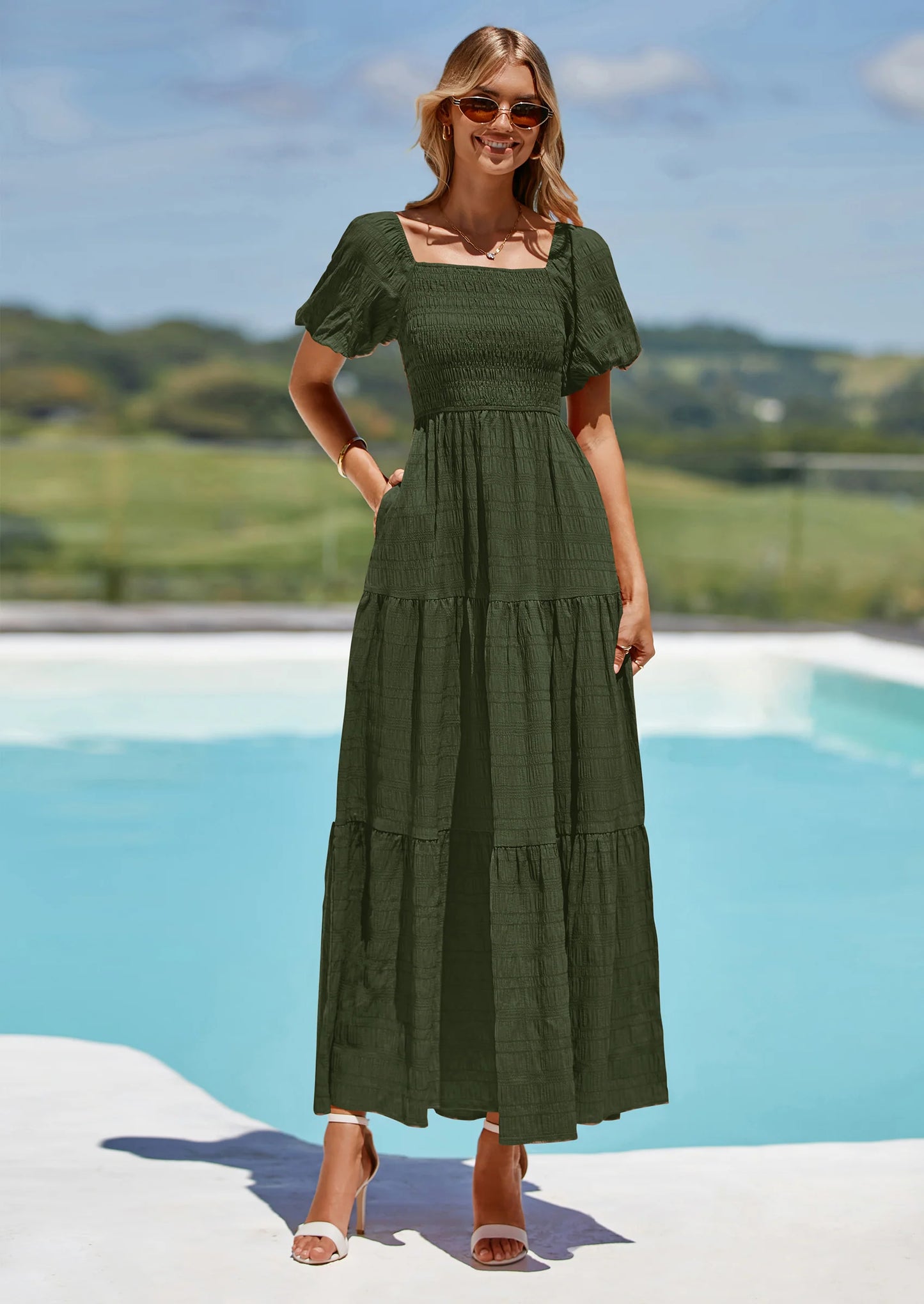 Womens Summer Puff Short Sleeve Maxi Dress Square Neck Smocked Tiered Ruffle A Line Long Flowy Beach Dresses