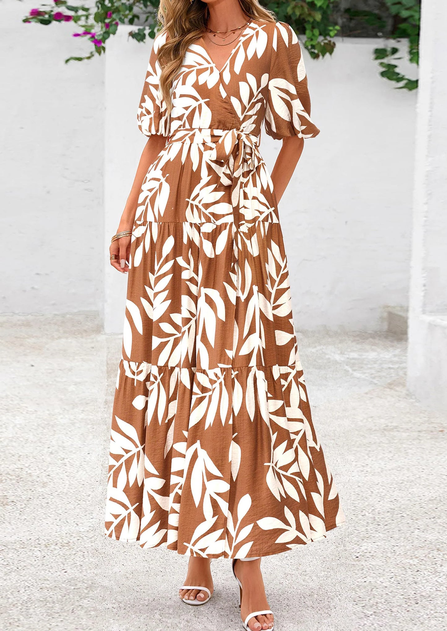 Women's Maxi Dress Resort Wear Boho Floral V Neck Puff Short Sleeve Ruffle Flowy Beach Long Dresses