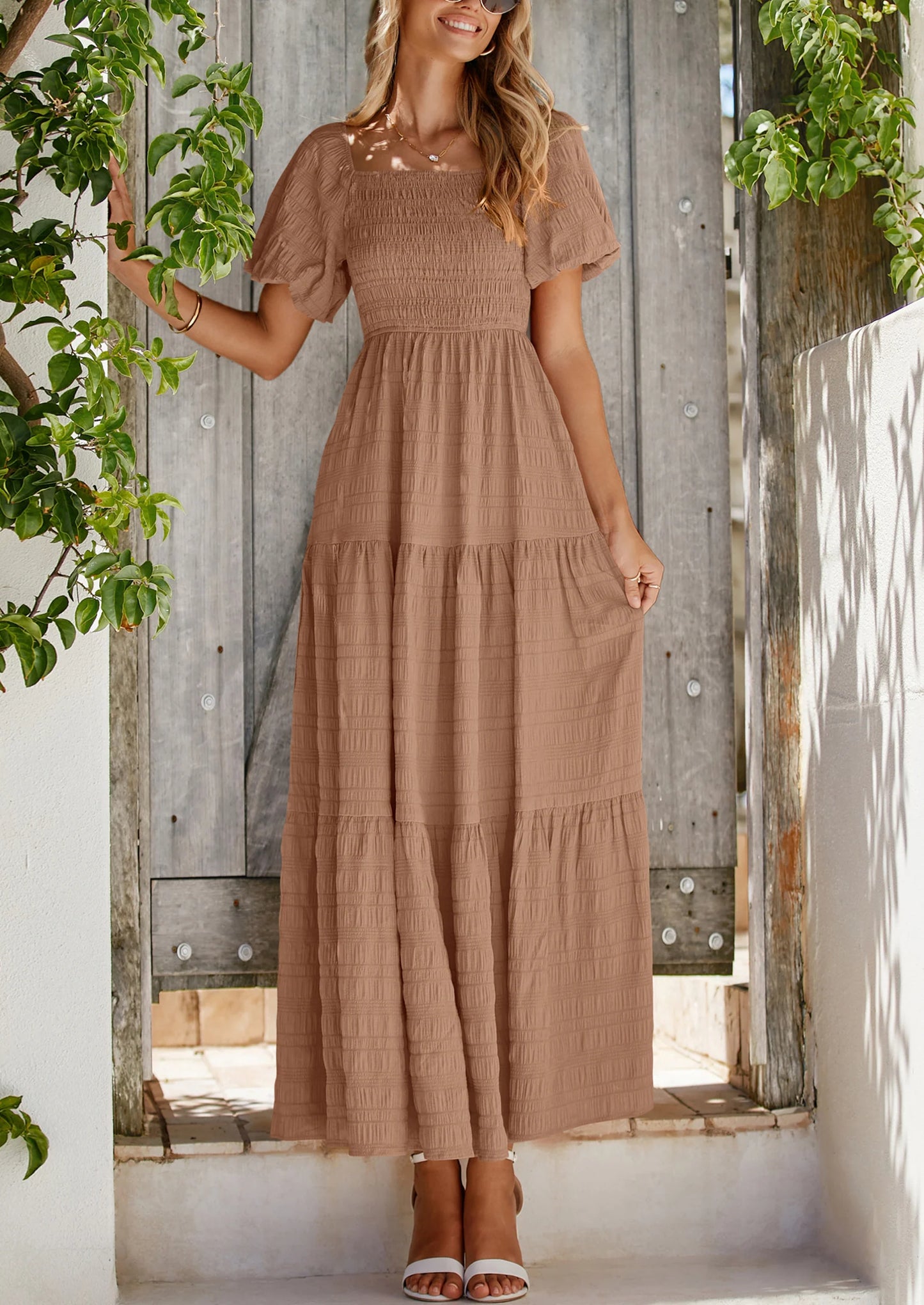 Womens Summer Puff Short Sleeve Maxi Dress Square Neck Smocked Tiered Ruffle A Line Long Flowy Beach Dresses