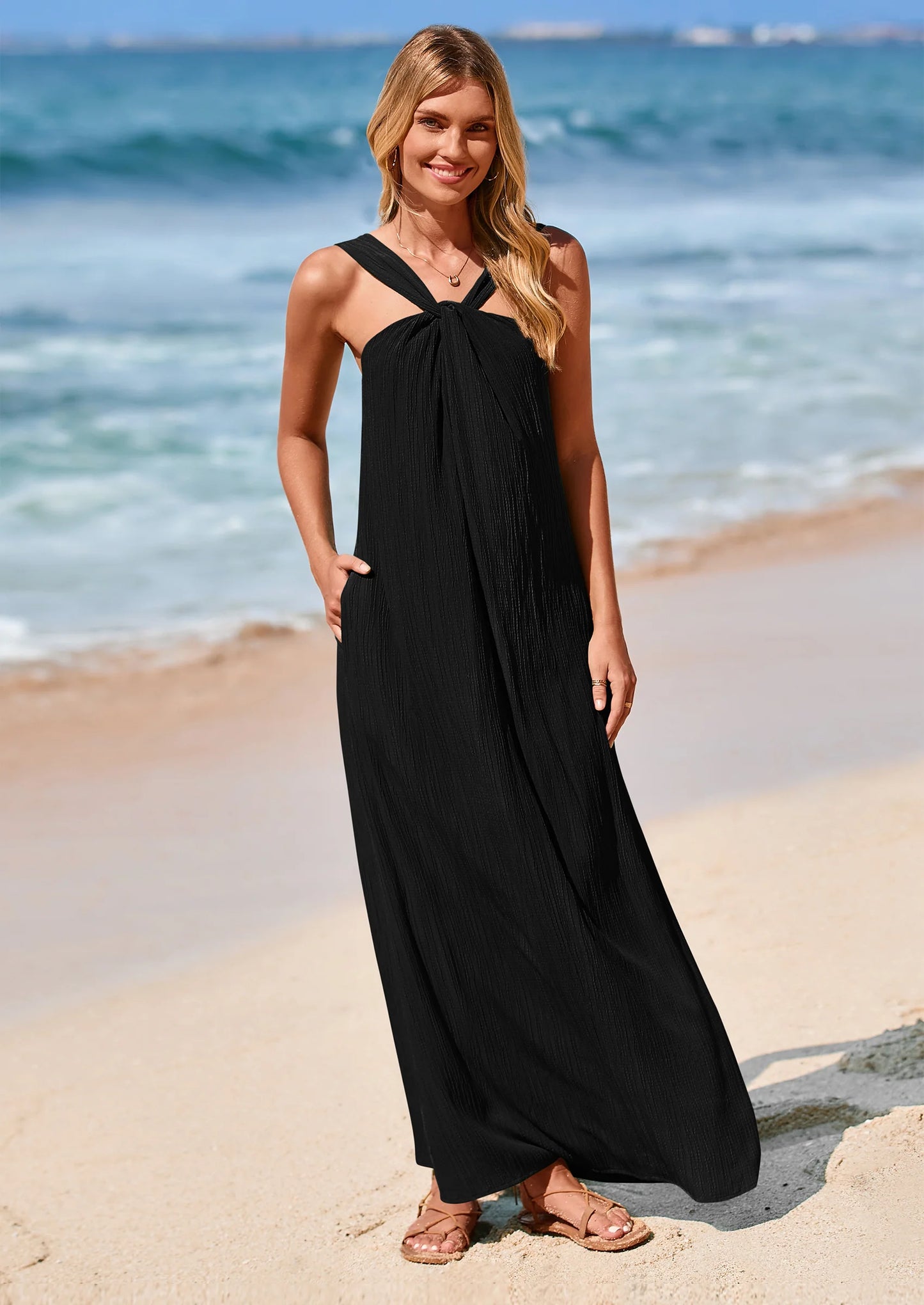 Womens Casual Long Summer Dresses Sleeveless Strappy Loose Flowy Beach Vacation Maxi Dress with Pockets