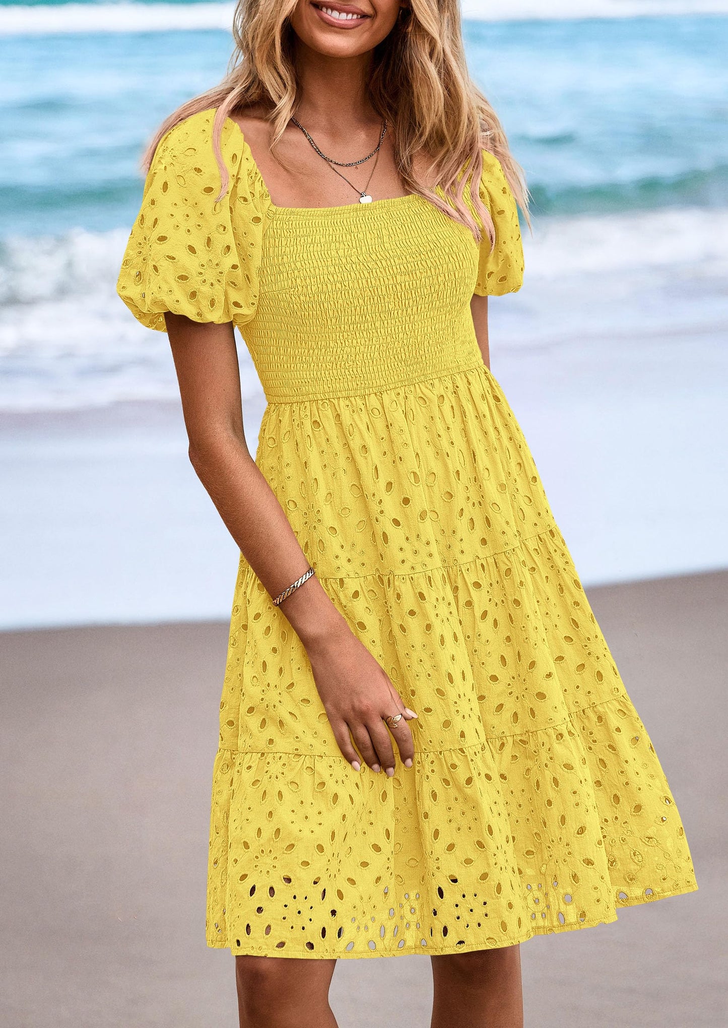 Womens Summer Puff Sleeve Mini Dress Off Shoulder Eyelet Smocked A Line Casual Babydoll Short Dresses