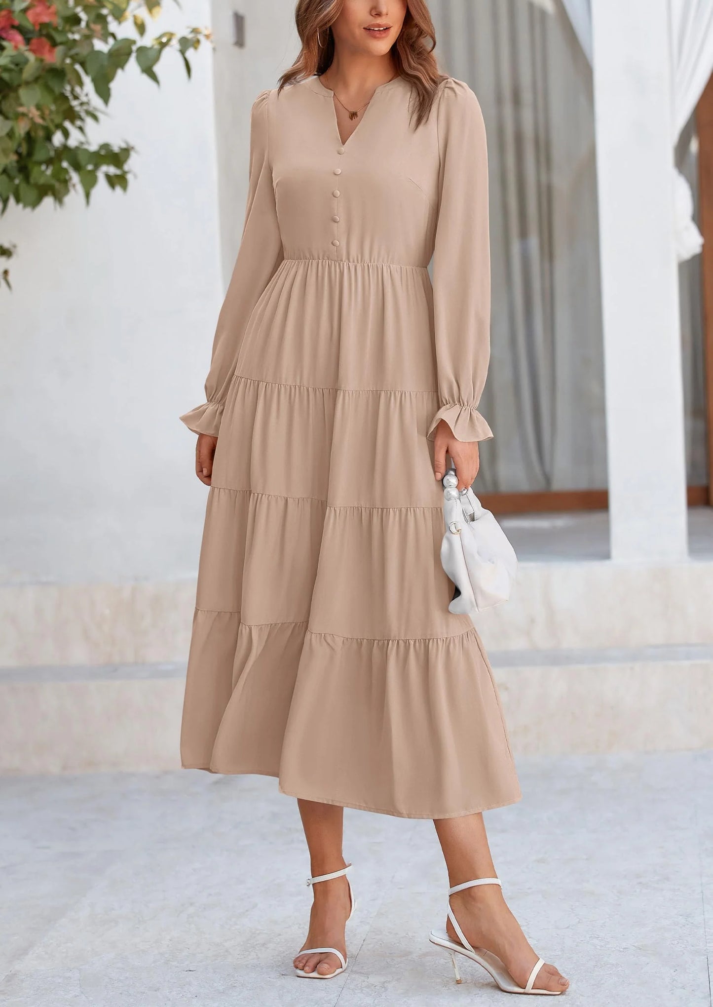Women Fall Long Sleeve Smocked Maxi Dress Casual Square Neck Swiss Dot Tiered Ruffle Flowy Spring Pocket Dresses