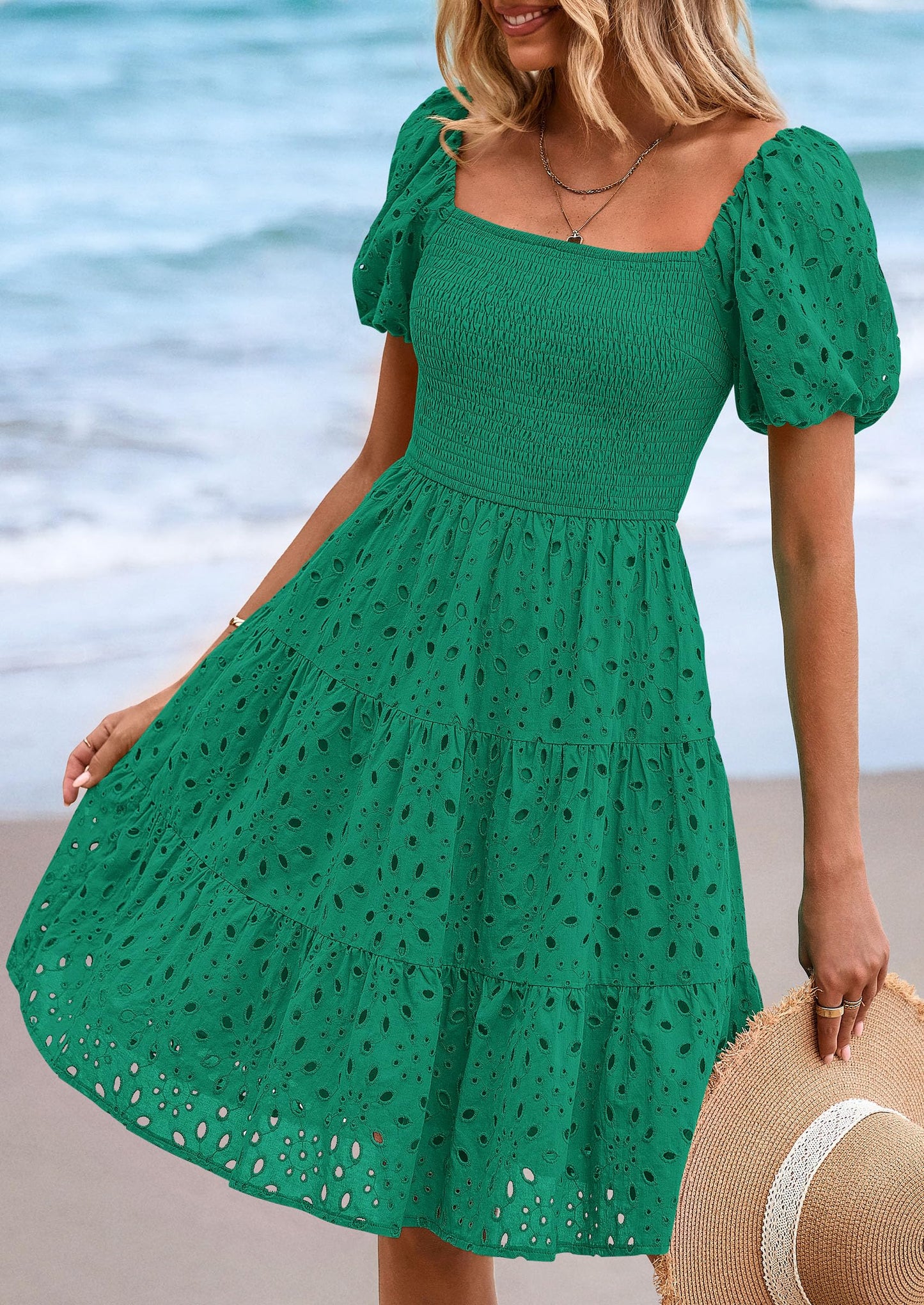 Womens Summer Puff Sleeve Mini Dress Off Shoulder Eyelet Smocked A Line Casual Babydoll Short Dresses