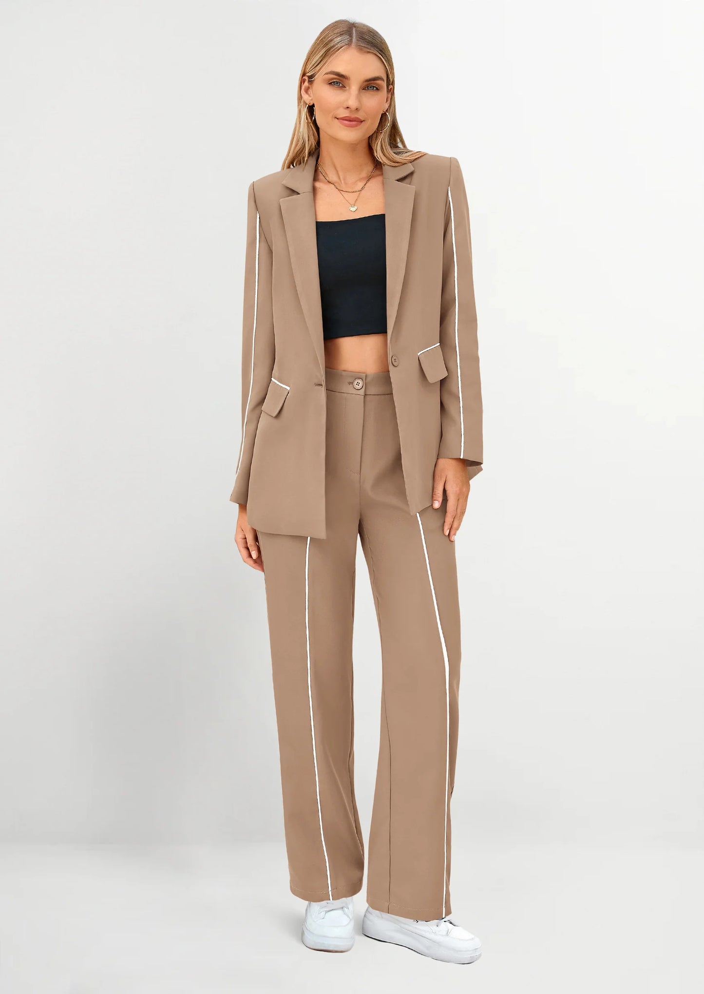 2 Piece Blazer Outfits Business Casual Oversized Jacket Wide Leg Work Pants Dressy Suit Set
