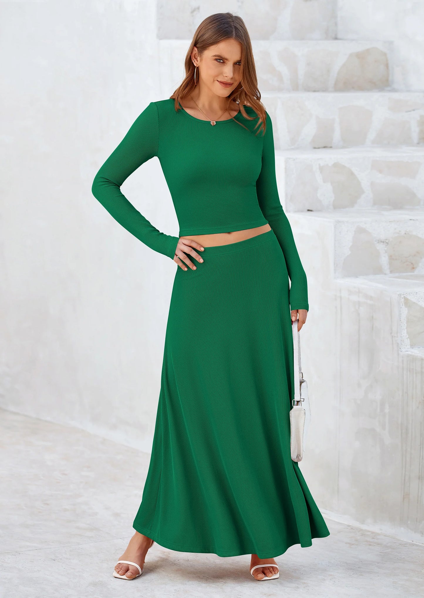 2 Piece Casual Ribbed Knit Long Sleeve Crop Tops Maxi Flowy Skirts Matching Sets