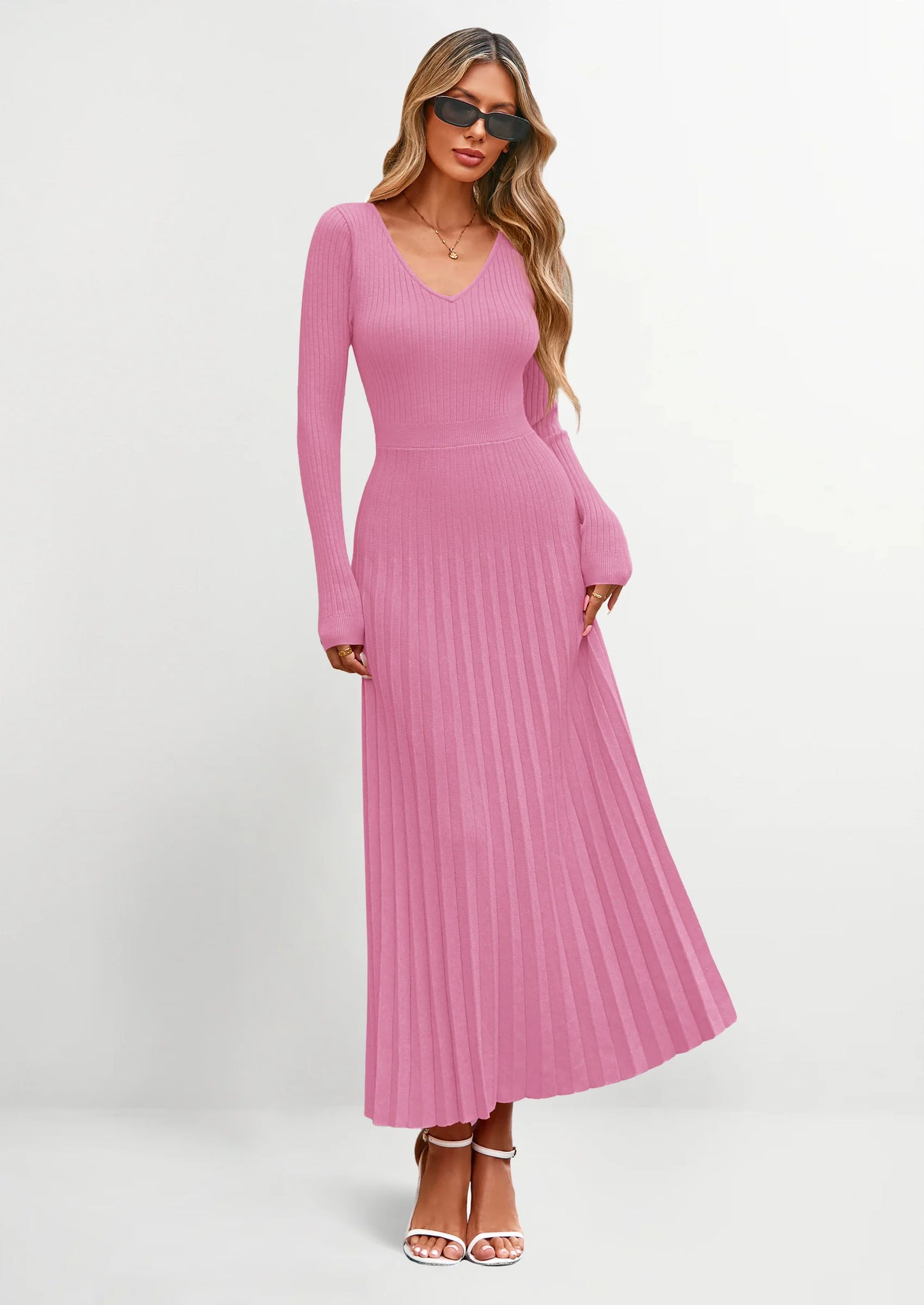 Women Sweater Dress Fall Fashion Long Sleeve V Neck Ribbed Knit Pleated A Line Elegant Maxi Winter Dresses