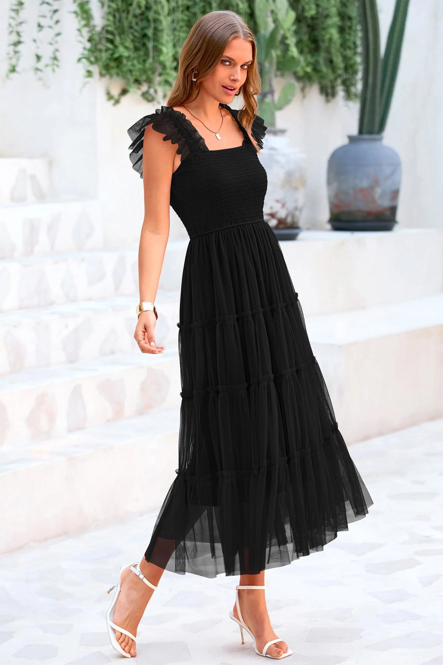 Women's Tulle Midi Dress Sleeveless Smocked Ruffle Mesh Flowy Dresses Party Wedding Guest Sundress