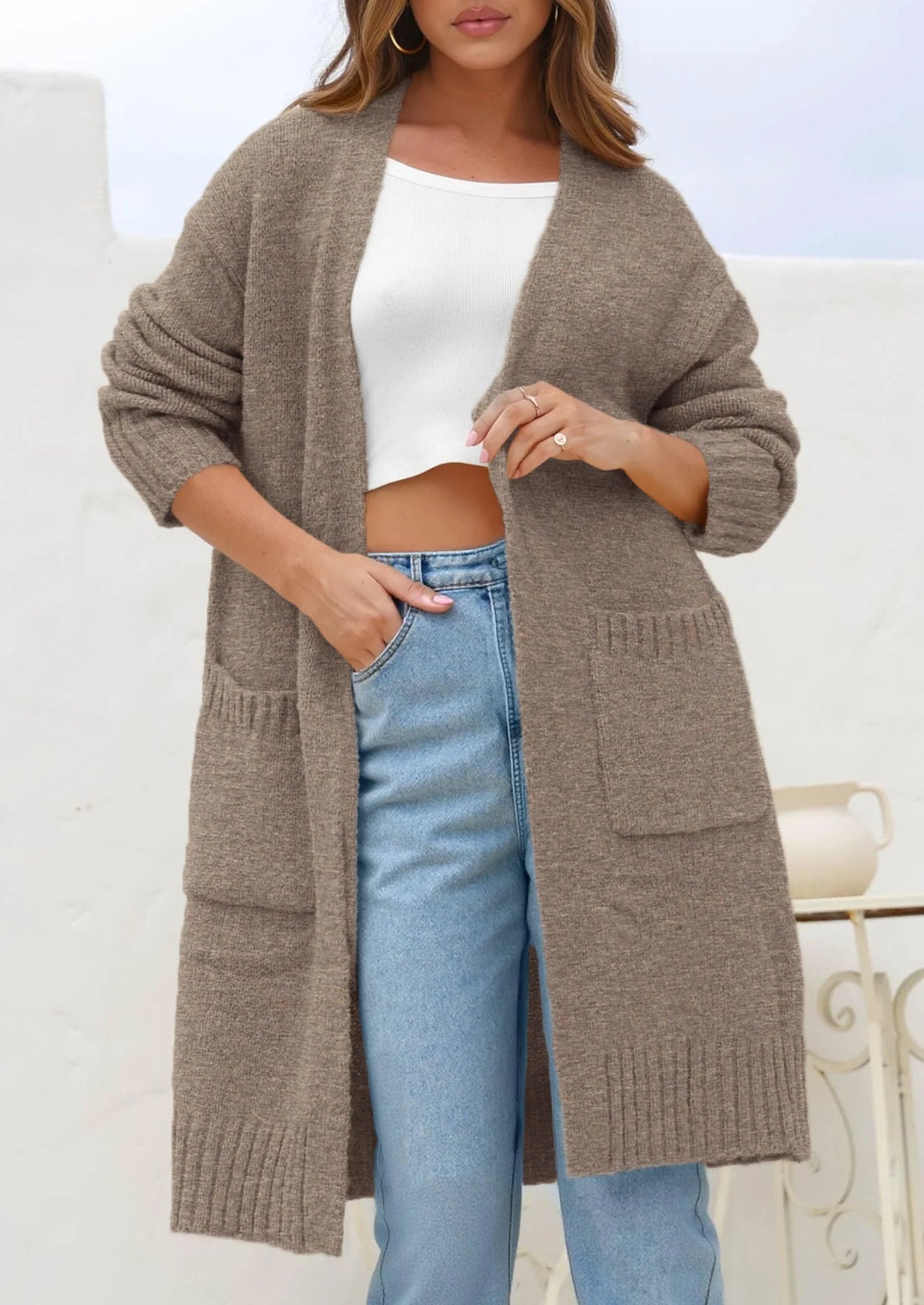 Fall Long Sleeve Cardigan Sweaters for Women Trendy Winter Open Front Loose Knitted Cardigans with Pockets